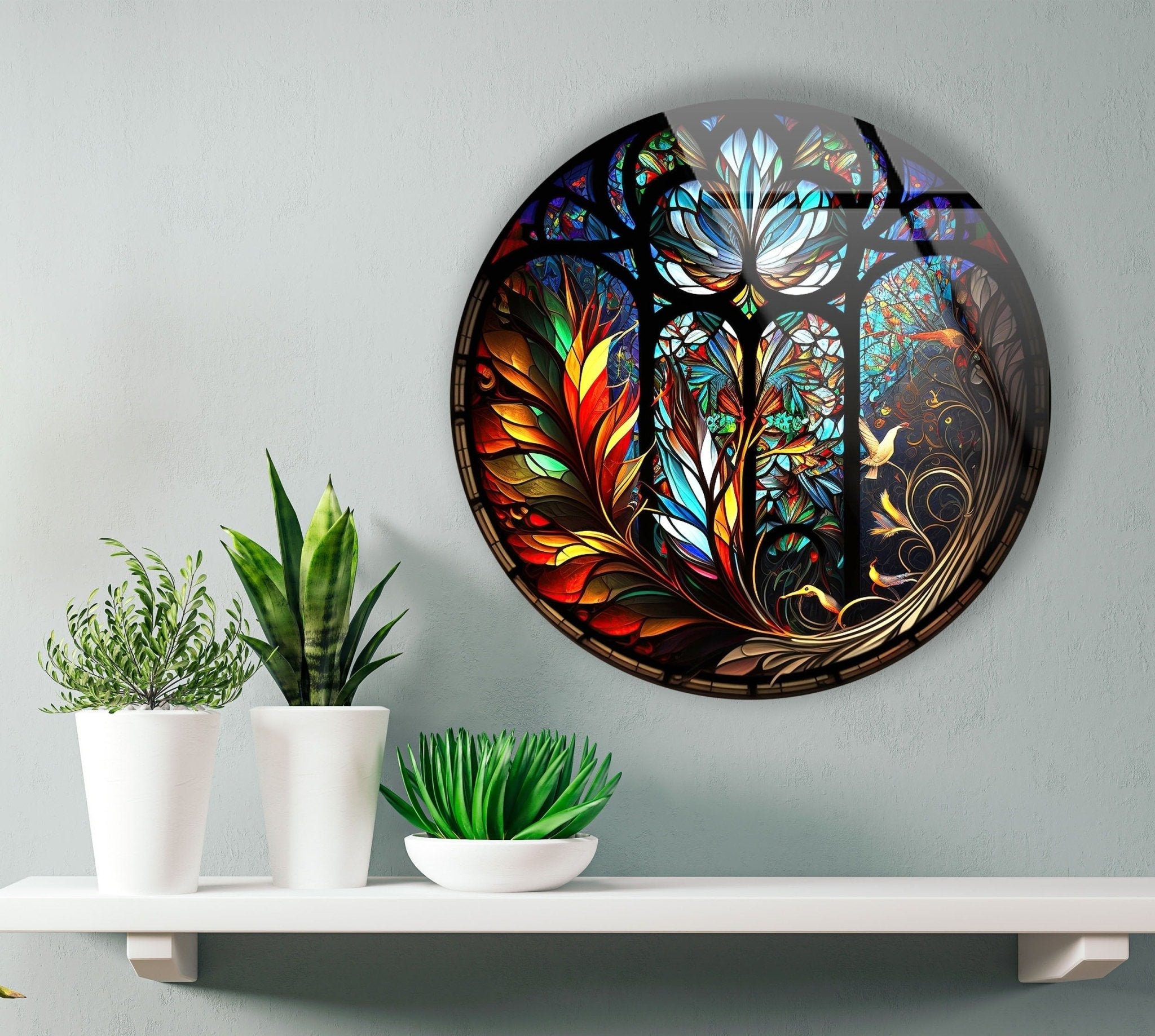 Handcrafted Stained Glass Round Wall Art Decor - Elegant Home & Office Decoration for Living Room, Bedroom, or Entryway