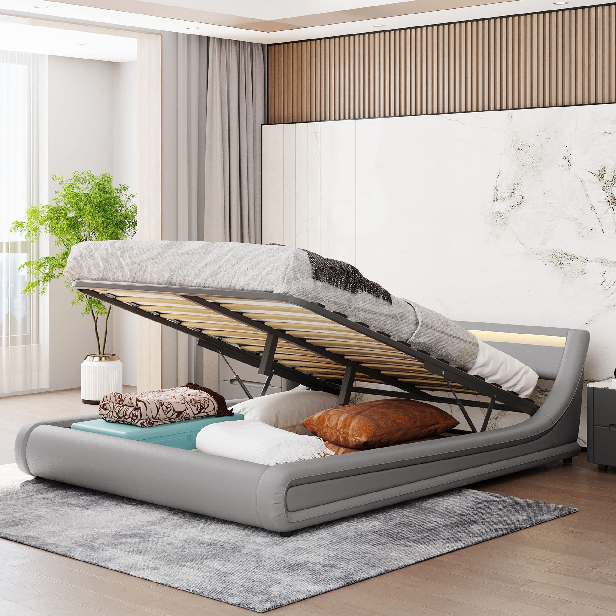 Polibi Queen Size Faux Leather Upholstered Platform Bed with Hydraulic Storage, 16 LED Headboard & Slatted Frame - No Box Spring Needed | Modern Bedroom Furniture for Small Spaces & Storage Solutions