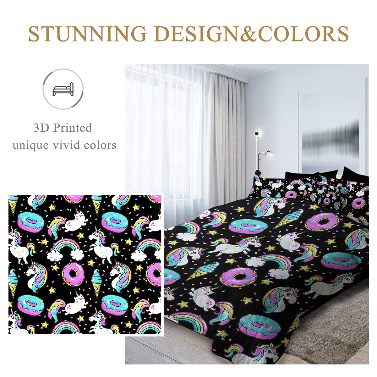 **Unicorn Donut Bedding Set - Cute Cartoon Rainbow Comforter 8-Piece Queen Size (Black/Pink) - Includes 1 Comforter, 2 Pillow Shams, 1 Flat Sheet, 1 Fitted Sheet, 1 Cushion Cover, 2 Pillowcases - Perfect for Kids' Room, Teen Girls' Bedroom & Themed Sleepovers**