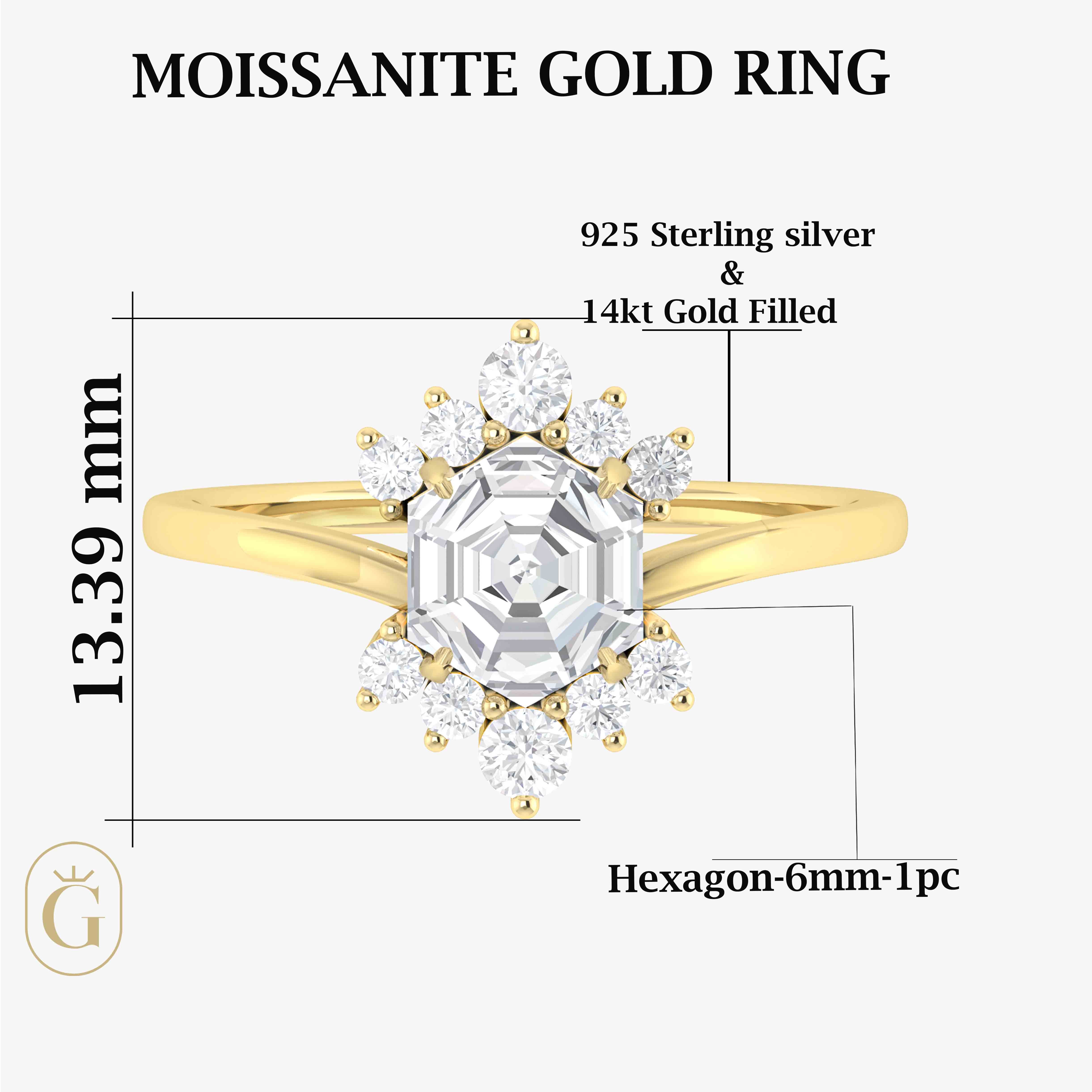 Natural Moissanite Hexagon Gemstone Ring for Women - Durable & Sparkling Wedding, Engagement, Anniversary Jewelry Gift