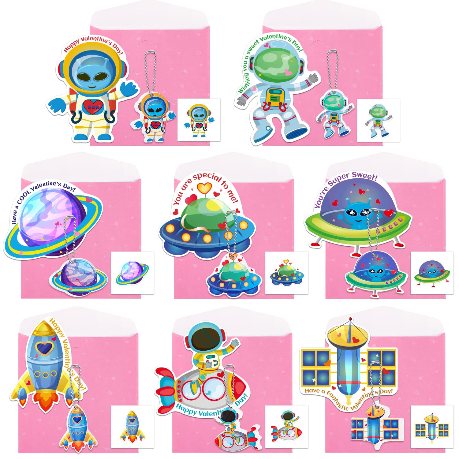 Valentine's Day Cards for Kids - 32 Space Flight Theme Greeting Cards with 32 Cute Keychains & Gift Envelopes, Includes Temporary Tattoos - Perfect for Classroom Exchange, School Parties & Valentine Gifts for Classmates