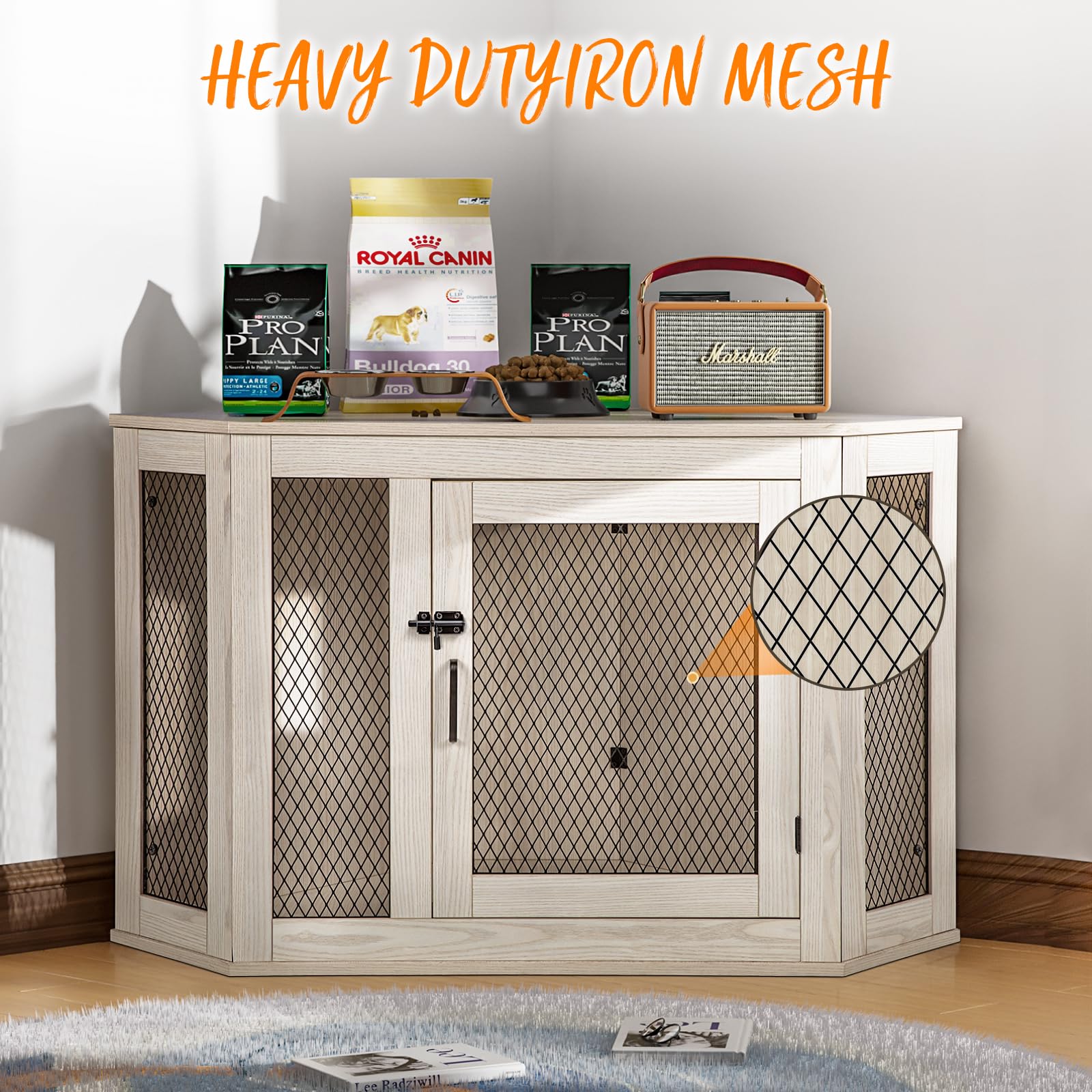 PUKAMI 44/52 Inch Wooden Dog Crate Furniture with Mesh - Decorative Dog Kennel for Small Medium Large Dogs - Indoor Pet House for Living Room Bedroom Office Space Saving Design