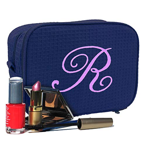 **Personalized Monogram Waffle Makeup Bag - Custom Embroidered Cosmetic Travel Case for Women - Navy Blue Makeup Pouch - Perfect for Travel, Gym & Daily Essentials**