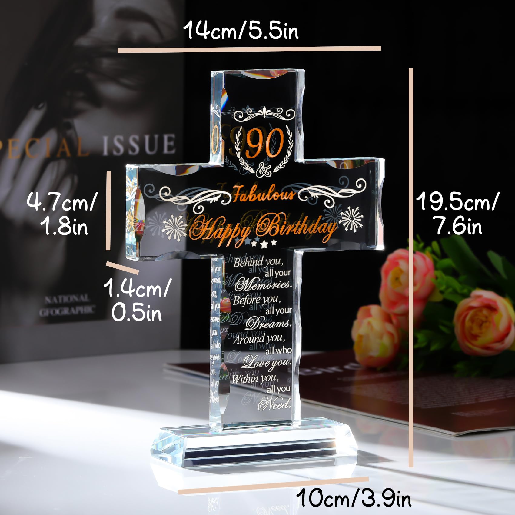 90th Birthday Religious Gifts for Women & Men - Elegant Glass Stand Cross with '90 & Fabulous' Blessing - Perfect 90th Birthday Present for Grandma, Mom & Friends - Ideal for Church Celebrations, Milestone Anniversaries & Christian Home Decor