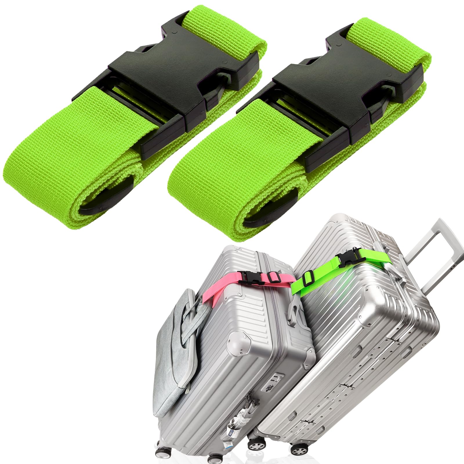 2-Pack Adjustable Luggage Straps for Carry-On Bags - Secure Travel Suitcase Belt Attachment to Connect 3 Luggages (Green) - Perfect for Air Travel, Road Trips & Family Vacations