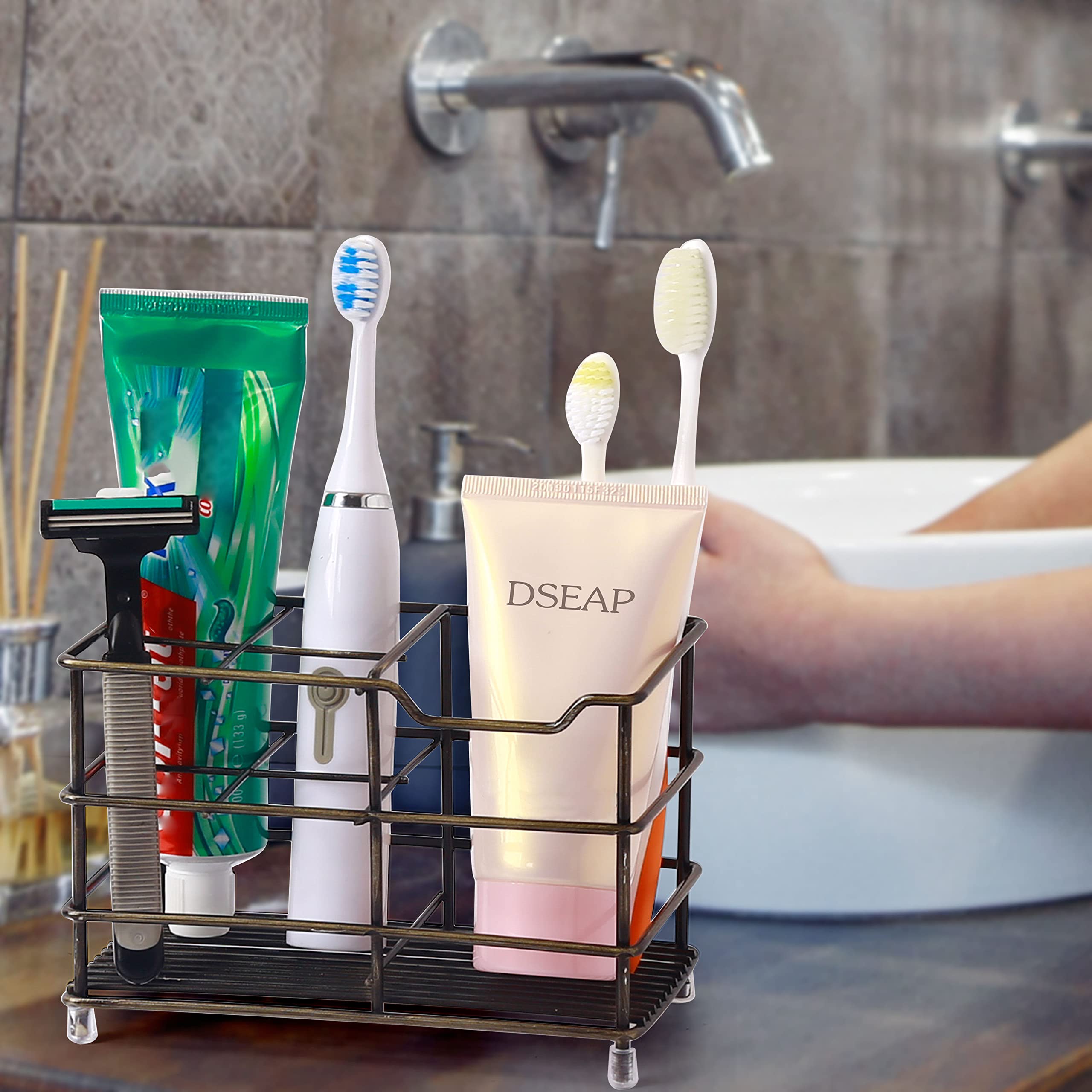 Stainless Steel Electric Toothbrush Holder & Toothpaste Organizer Stand - Bronze Bathroom Storage Caddy, Pack of 2 | Perfect for Modern Bathrooms & Countertop Organization