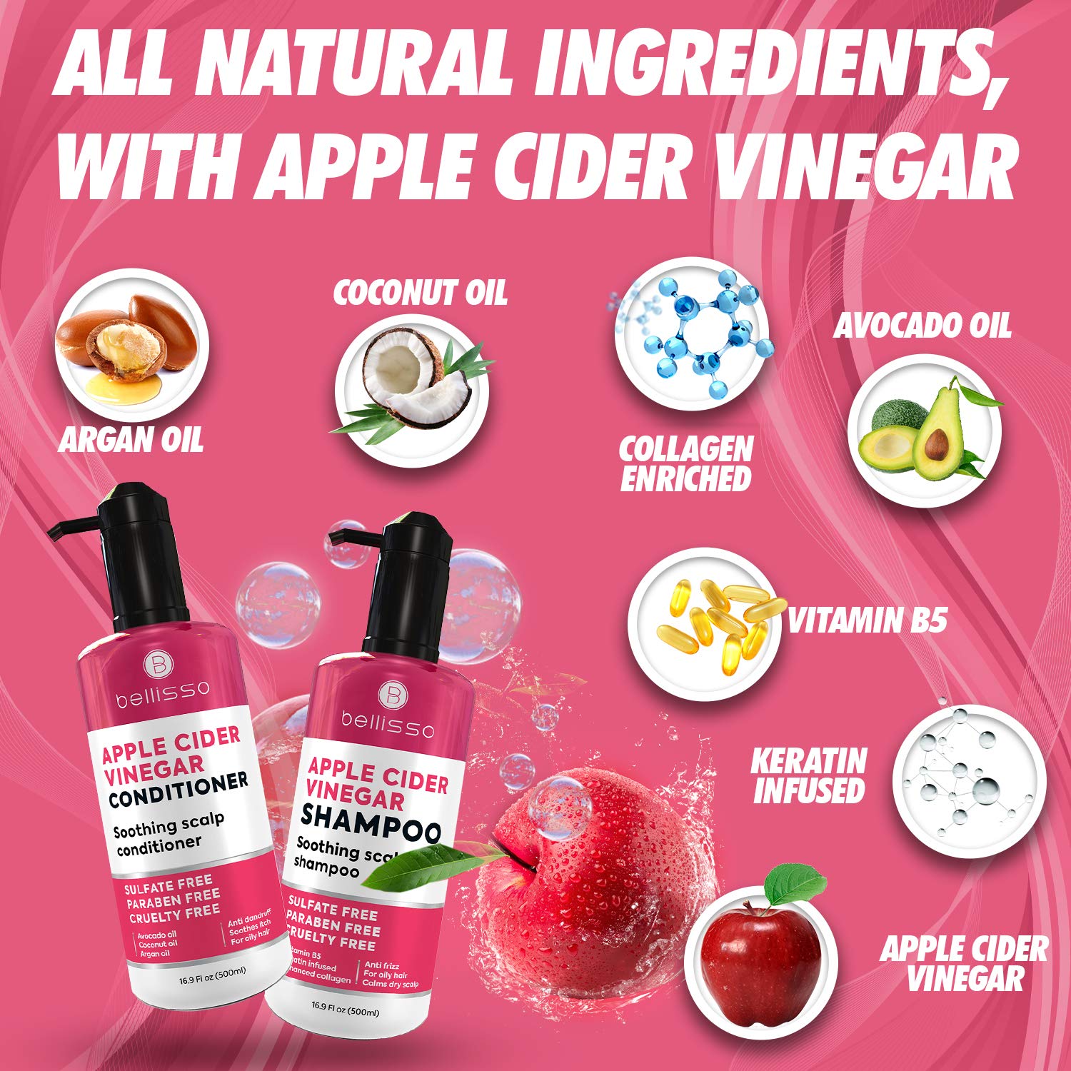 BELLISSO Apple Cider Vinegar Shampoo & Conditioner Set - Natural Anti Dandruff, Moisturizing & Nourishing Hair Care for Shine & Scalp Soothing - Paraben Free for Women & Men - Perfect for Dry, Itchy Scalp & Damaged Hair