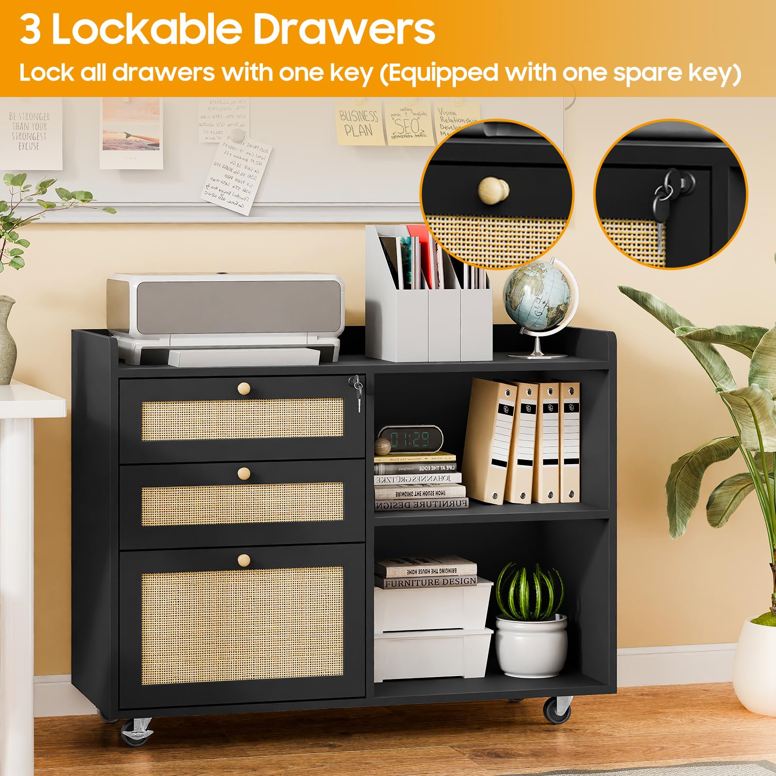 Rattan Lateral File Cabinet with 3 Drawers and Shelves - Large Storage Organizer for Home Office, Mobile Printer Stand with Lock - Fits Legal/Letter/A4 Size Documents - Perfect for Organizing Files, Office Supplies, and Workspace Essentials