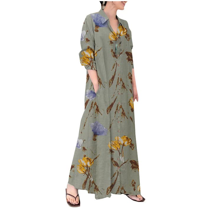 Women's Loose Fit Long Sleeve Plaid Print Cotton Linen Shirt Dress - Casual Boho Style Tunic Top for Spring/Summer, Perfect for Beach, Office & Everyday Wear
