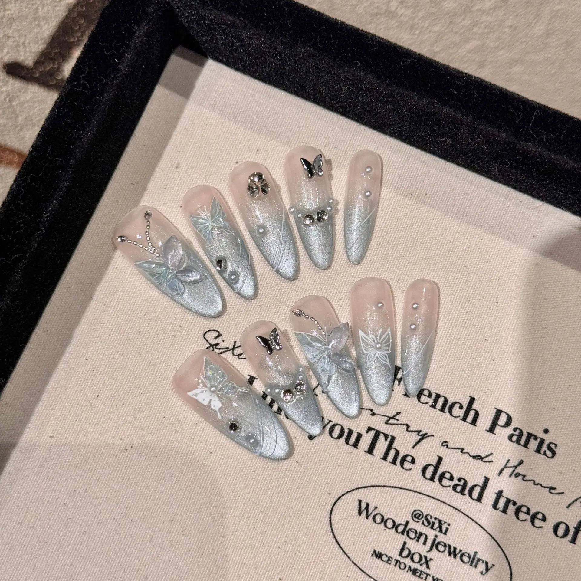 10Pcs Long Stiletto Cat Eye Press On Nails - Handmade Gel False Nails with Shiny Diamond & Leopard Print Design | Perfect for Parties, Weddings, and Special Occasions