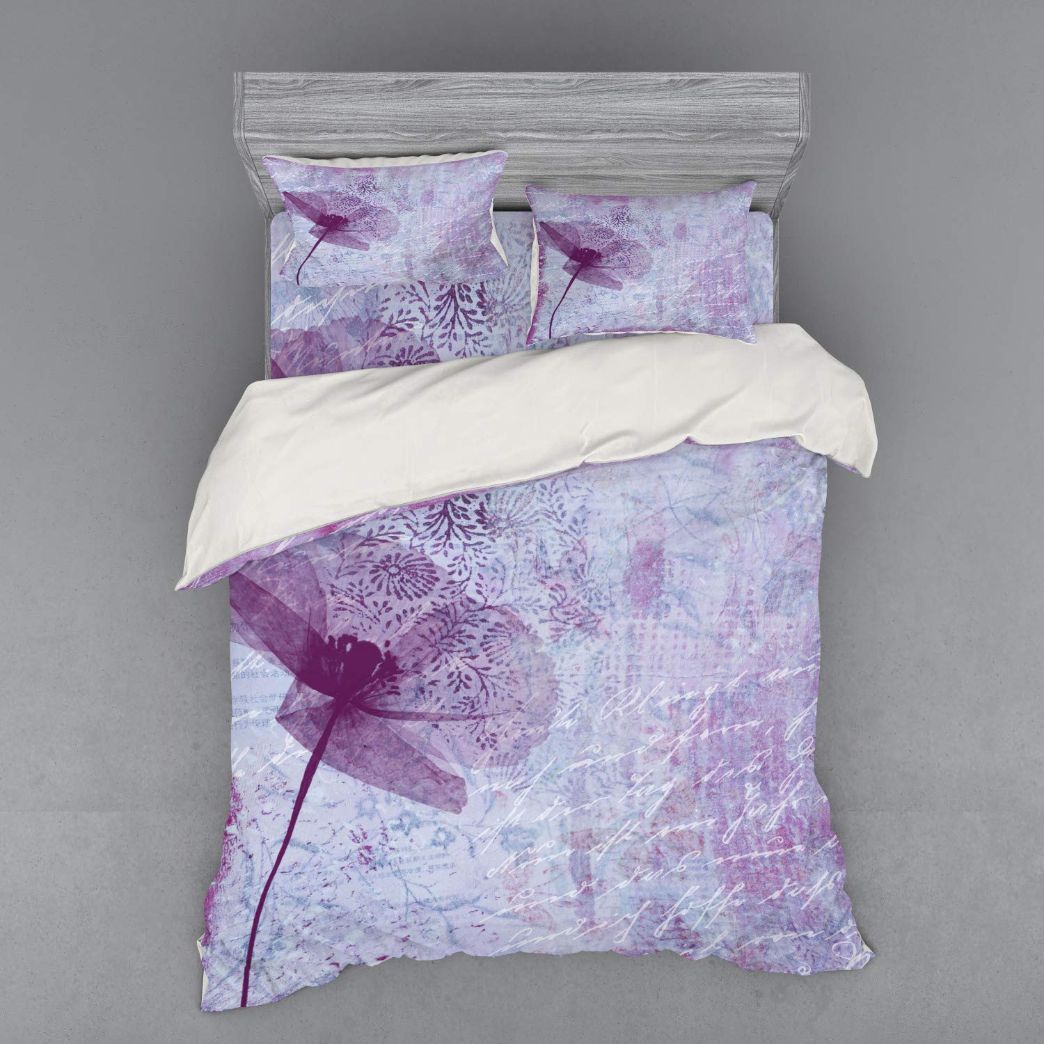 Ambesonne Poppy Flower Bedding Set - 4 Piece Duvet Cover with Shams & Fitted Sheet, California King Size, Lilac - Vintage Floral Design with Romantic Poetry Pattern - Perfect for Master Bedroom, Guest Room & Bohemian Home Decor