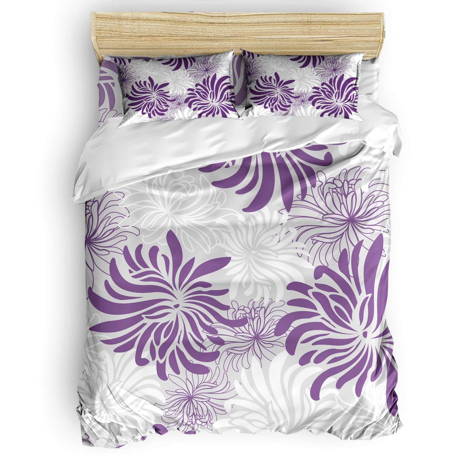 Soft Purple Flower Chrysanthemum Zipper Duvet Cover Set - Full Size Comforter Cover with Twill Plush Bed Sheets for Girls & Boys | Cozy Bedroom Decor for Kids & Teens
