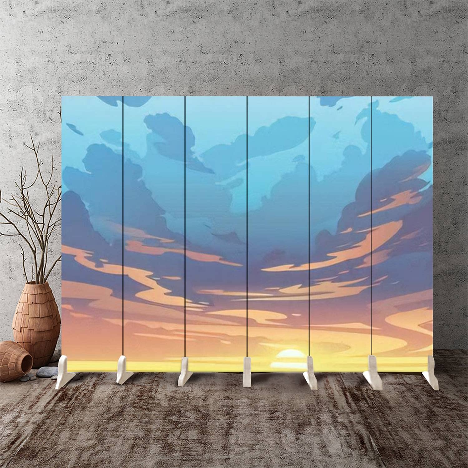 6-Panel Canvas Room Divider Screen with Sunset Cloud Design - Folding Privacy Partition for Bedroom, Office & Living Space