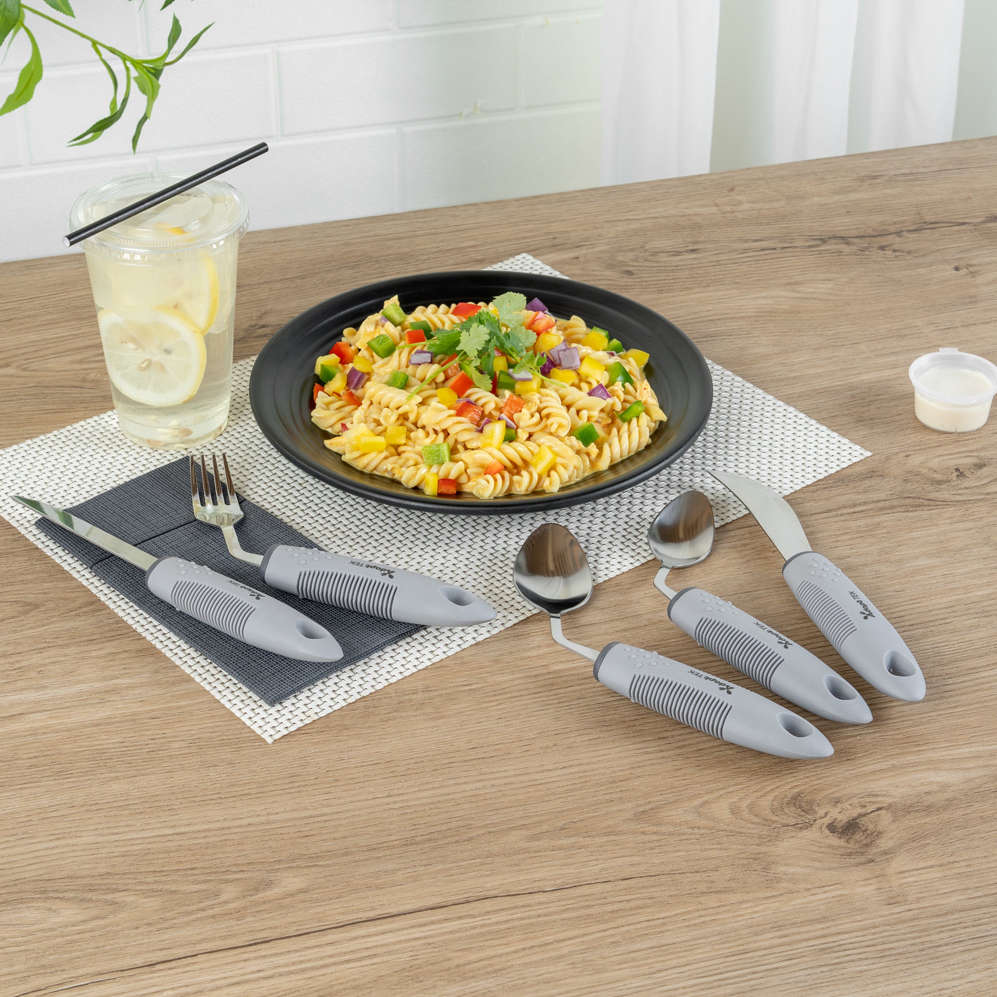 Adapt Tek Gray Stainless Steel 5-Piece Adaptive Offset Utensil Set for Left-Handed Users - Lightweight, Non-Slip Grip - Perfect for Arthritis & Limited Mobility - Kitchen & Dining Essentials (1 Count)