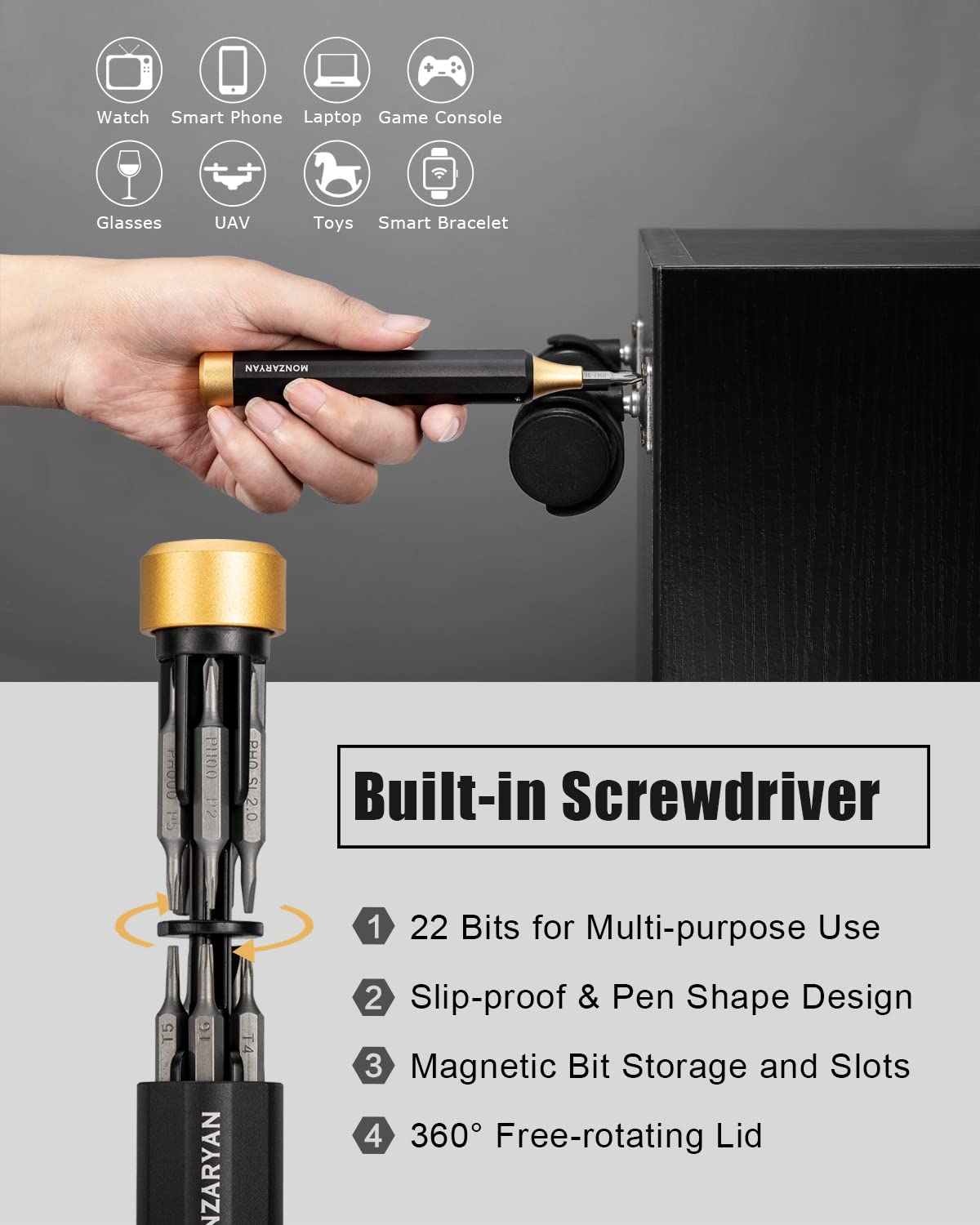 Monzaryan 22 in 1 Precision Mini Screwdriver Set - Magnetic Pen Style Repair Tool Kit with 22 Bits for Electronics, Laptop, Phone, Watch & Small Device Repair | Professional DIY & Home Improvement Gadget