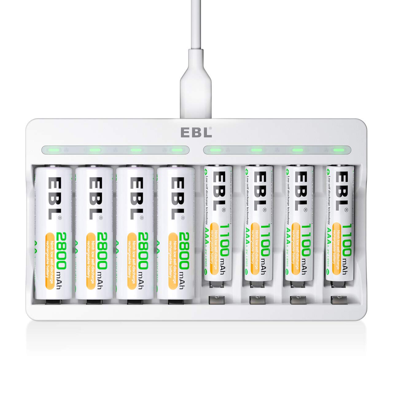 EBL 2800mAh AA & 1100mAh AAA Rechargeable Batteries (8-Pack) with 8-Bay Smart Charger - High Capacity Ni-MH Battery Set for Cameras, Toys, Flashlights & Electronics