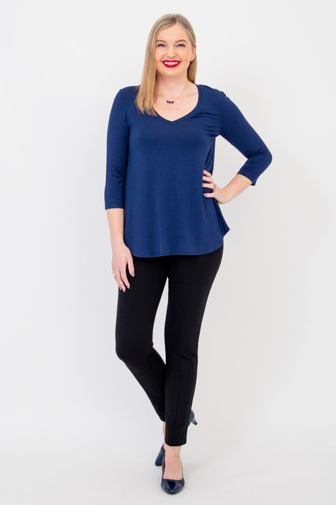 Jackie 3/4 Sleeve Women's T-Shirt - Soft Bamboo Fabric, Indigo Blue Color - Perfect for Casual Wear, Yoga & Everyday Comfort