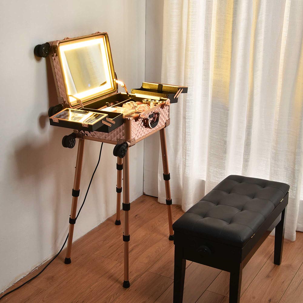 Professional Rolling Makeup Vanity Case with LED Lights - Portable Artist Studio Travel Organizer (15x10x23 inches) - Perfect for Makeup Artists, Beauty Enthusiasts & On-the-Go Styling
