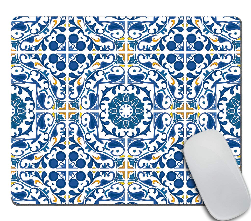 Portuguese Tile Print Mouse Pad - Moroccan & Mediterranean Design Office Mouse Mat, Non-Slip Desk Accessory for Work, Gaming & Home Office Use