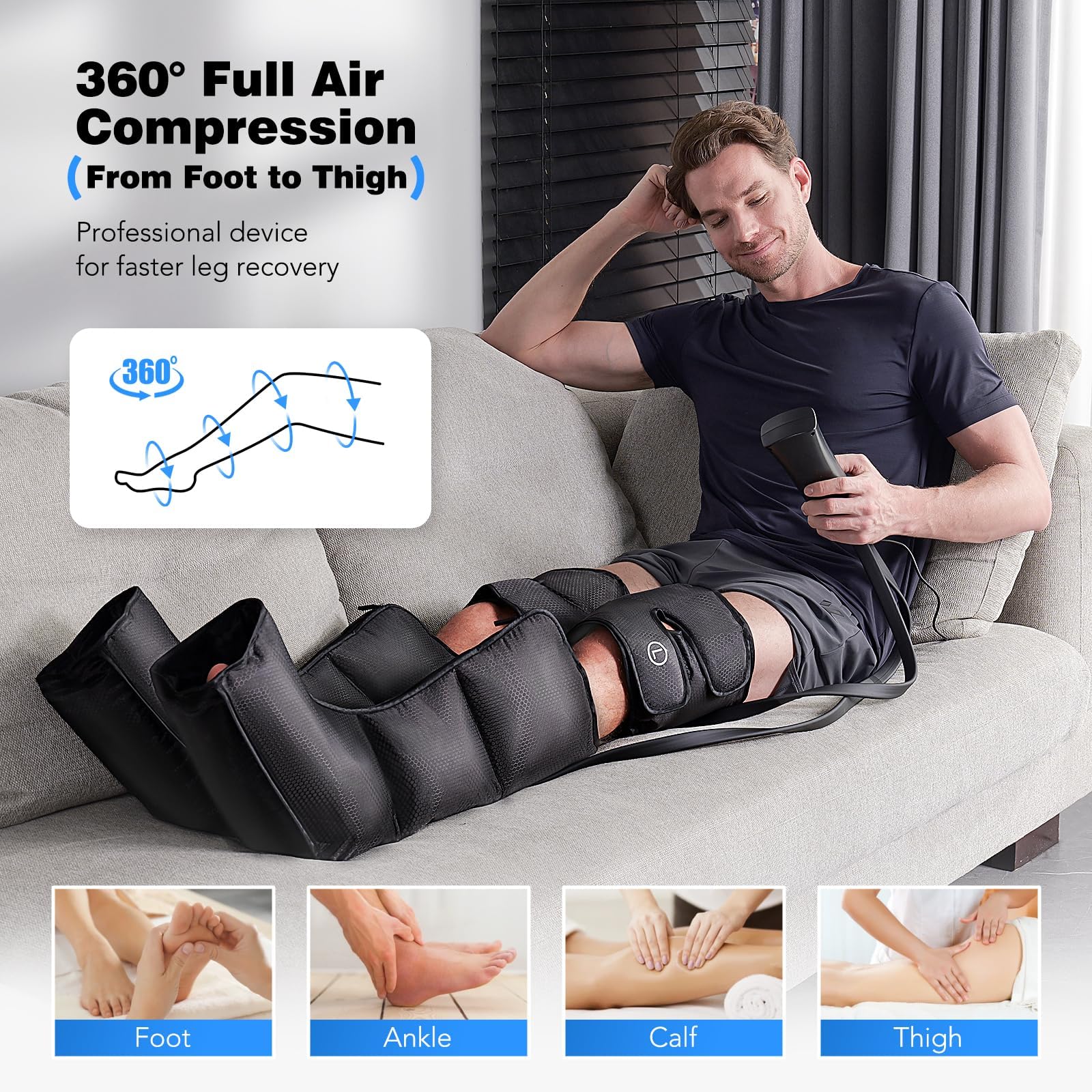 Leg Massager with Heat & Air Compression - 3-in-1 Foot, Calf & Thigh Massager for Circulation, Pain Relief & Swollen Legs - 6 Modes & 3 Intensity Levels - Ideal for Edema, RLS & Recovery - Perfect Gift for Parents, Seniors & Office Workers - Use for Relaxation, Post-Workout Recovery & Improved Blood Flow