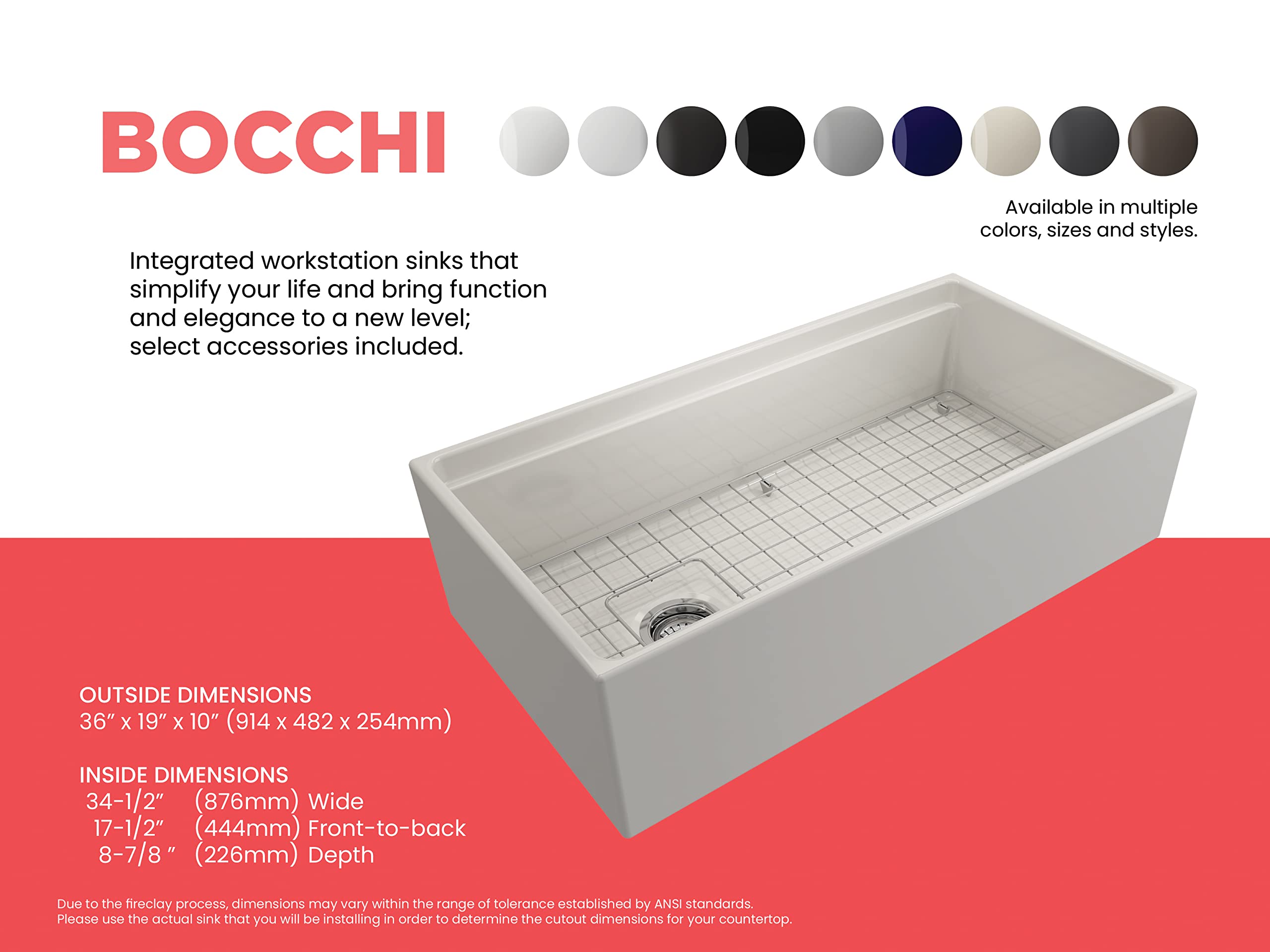 BOCCHI Contempo 36-inch Fireclay Single Bowl Kitchen Sink with Apron Front & Step Rim - Biscuit Color - Includes Accessories - Perfect for Farmhouse & Modern Kitchen Renovations