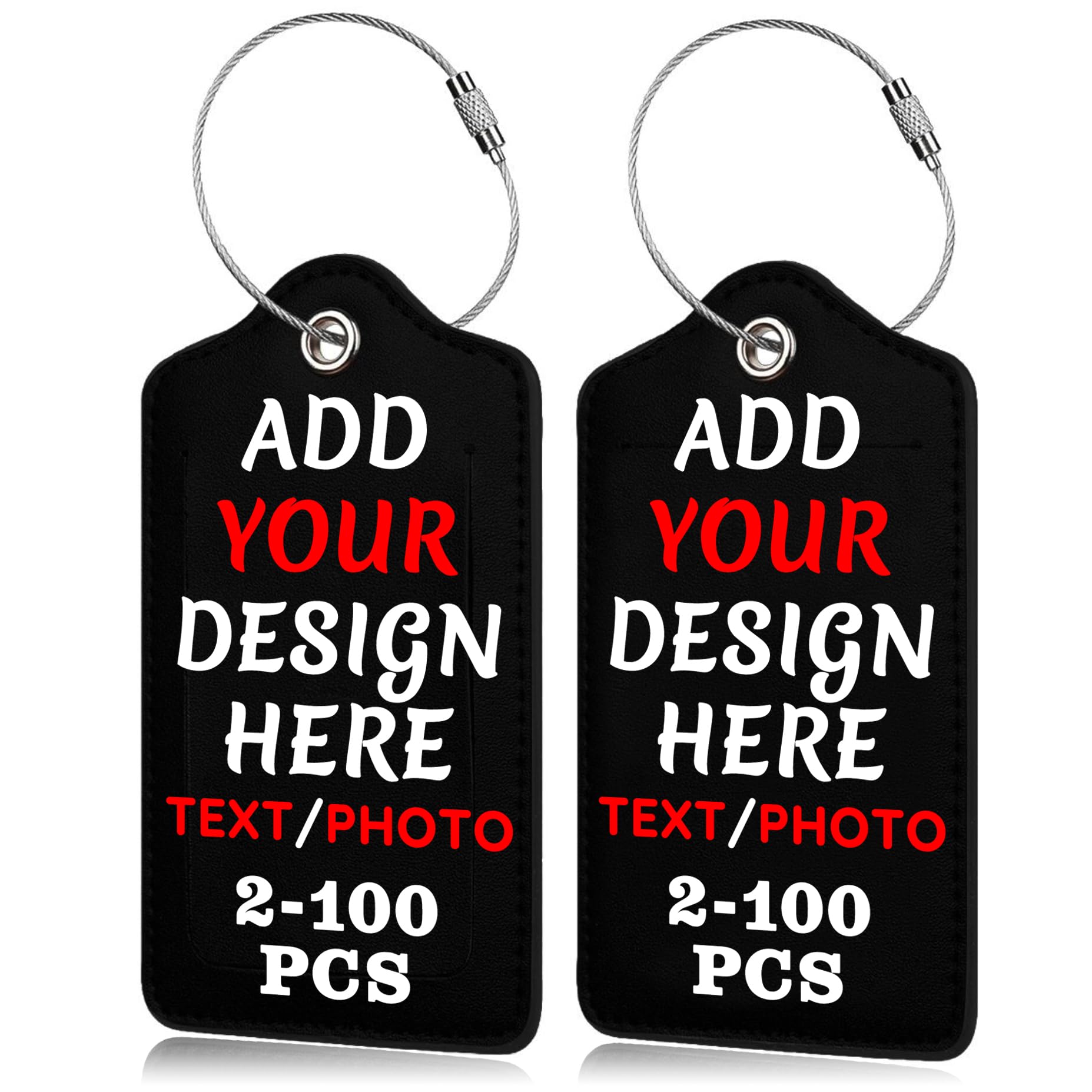 Personalized Luggage Tags - Custom Text, Image, Photo & Logo - 2 Pack PU Leather Suitcase Tags with Privacy Card & Stainless Steel Loop - Perfect for Travel, Business Trips & Vacation Luggage Identification