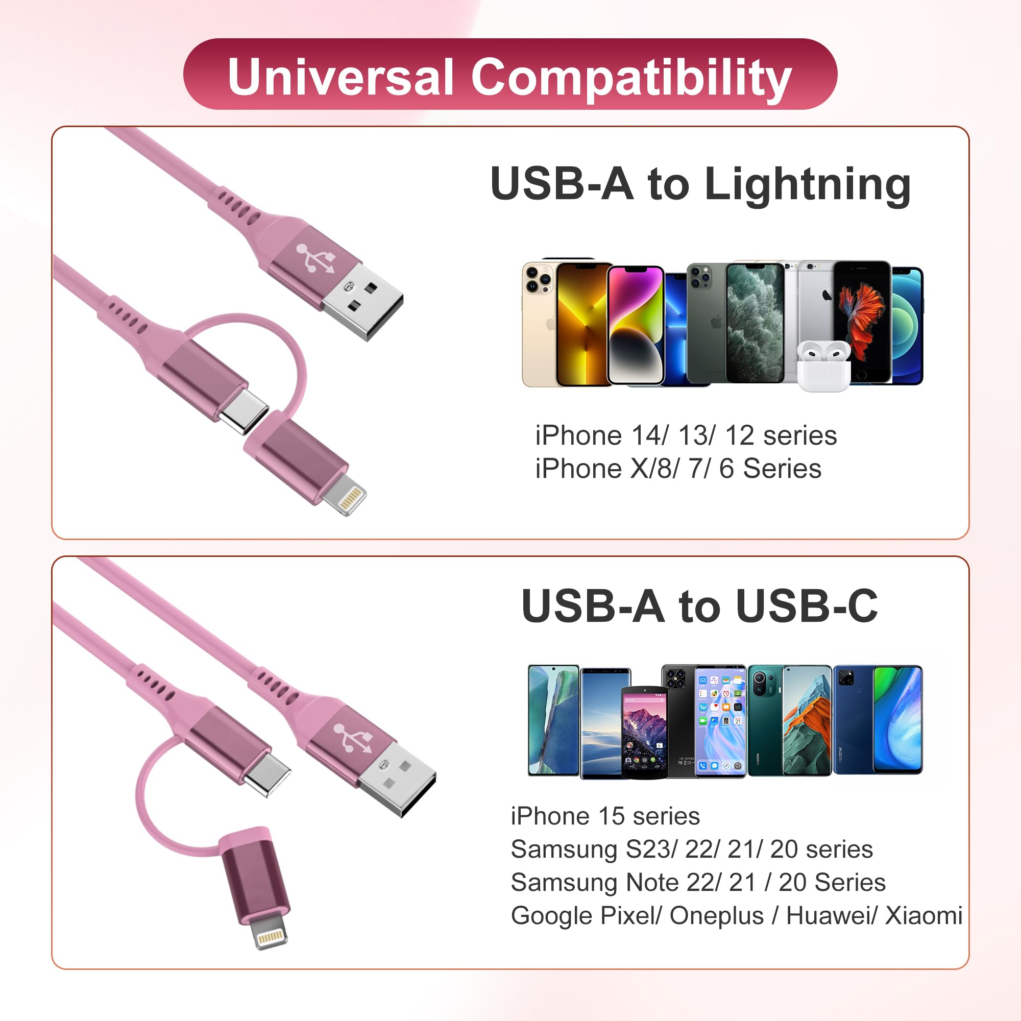 2-in-1 USB to USB-C & Lightning Coiled Cable - MFi Certified Fast Charging & Data Sync Compatible with iPhone 15/14/13/12 & Android Devices (Pink) | Perfect for CarPlay, Android Auto & Travel Charging