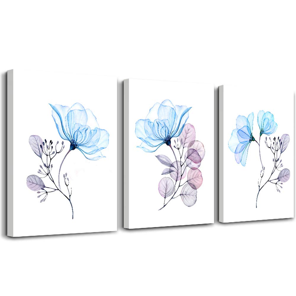 Modern Blue Flowers Canvas Wall Art - 3 Panels Abstract Watercolor Floral Painting for Bedroom, Living Room, Bathroom & Kitchen Decor | Handmade Home Decoration, Leaf Motif Wall Mural for Housewarming Gift & Interior Design
