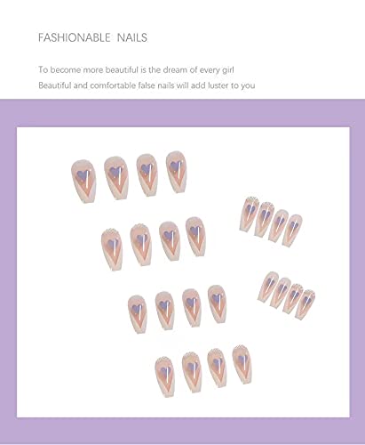 Valentine's Day Press on Nails - 24PCS Purple Peach Heart Pearl V-Shaped French False Nails with T-Shaped Design | Perfect for Date Night, Wedding, Anniversary & Special Occasions