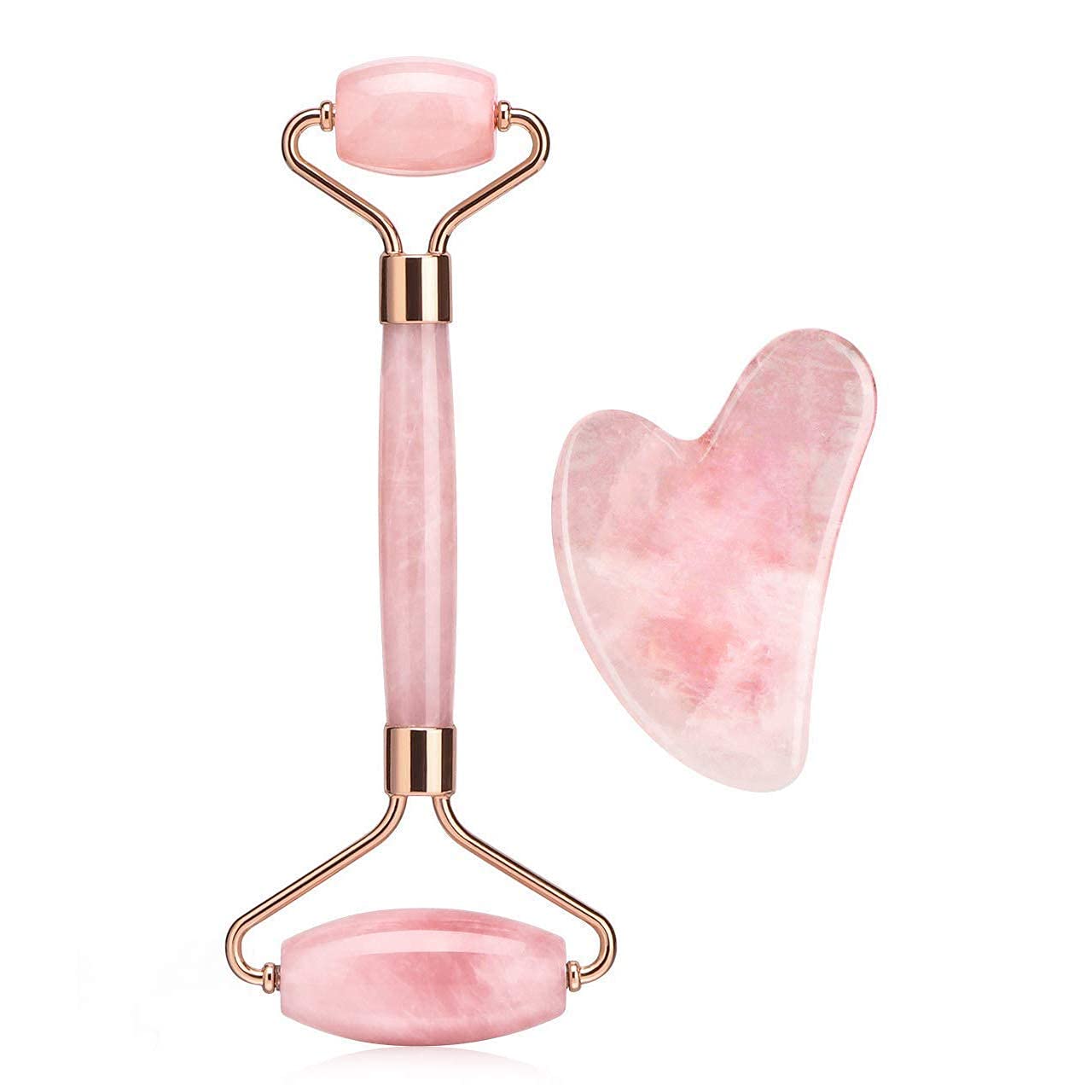 Bella Faccia Rose Quartz Roller and Gua Sha Set - Natural Facial Massage Tool for Anti-Aging, Puffiness & Dark Circles - Perfect for Skincare Routine, Relaxation & Lymphatic Drainage at Home or Travel