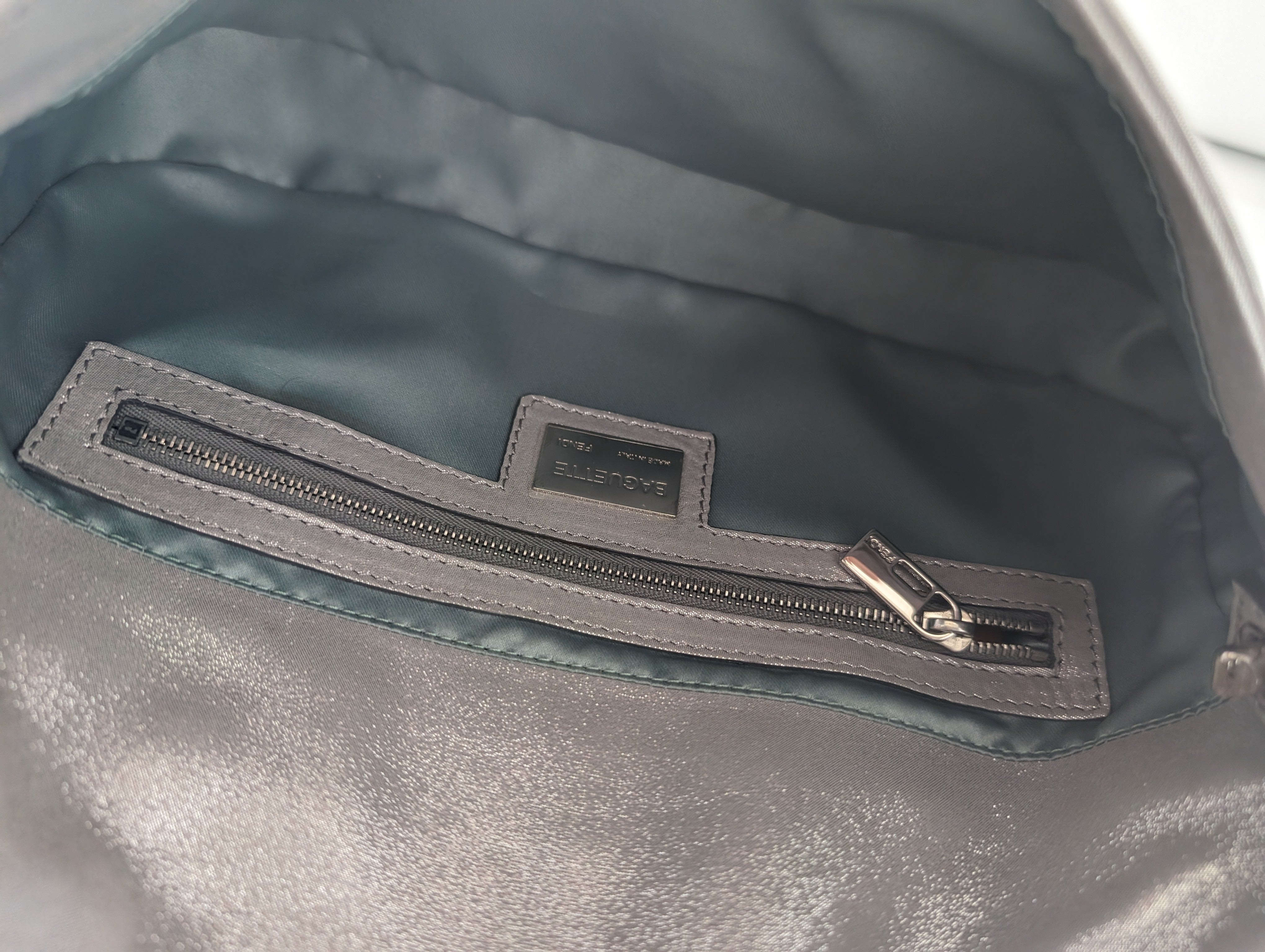 Exclusive Fendi Shimmering Silver Baguette Bag with Rhinestone Buckle - Perfect for Evening Parties & Luxury Fashion Accessories