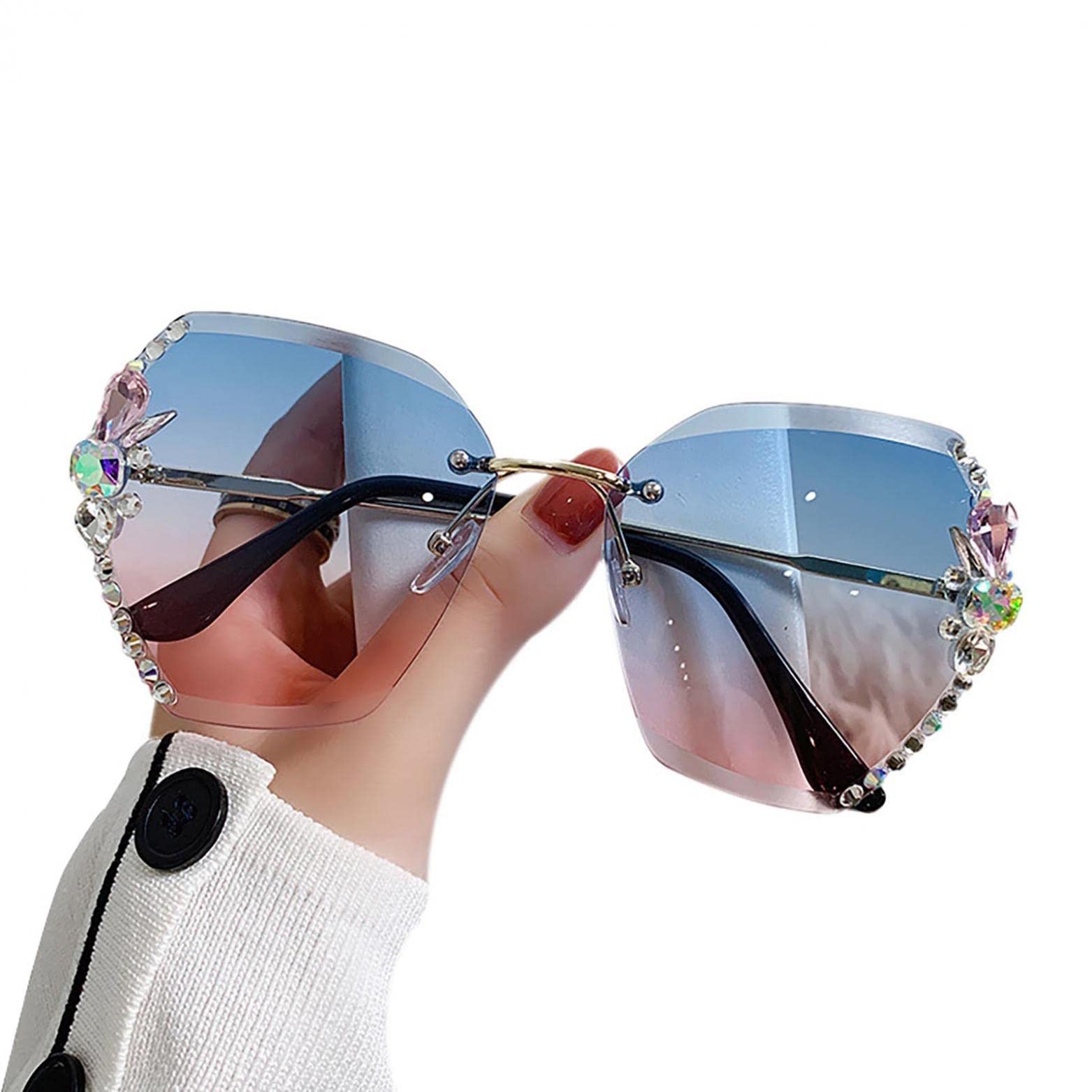 2022 Women's Fashion Rimless Diamond Sunglasses - UV Protection Square Sunglasses for Beach, Summer & Outdoor Activities