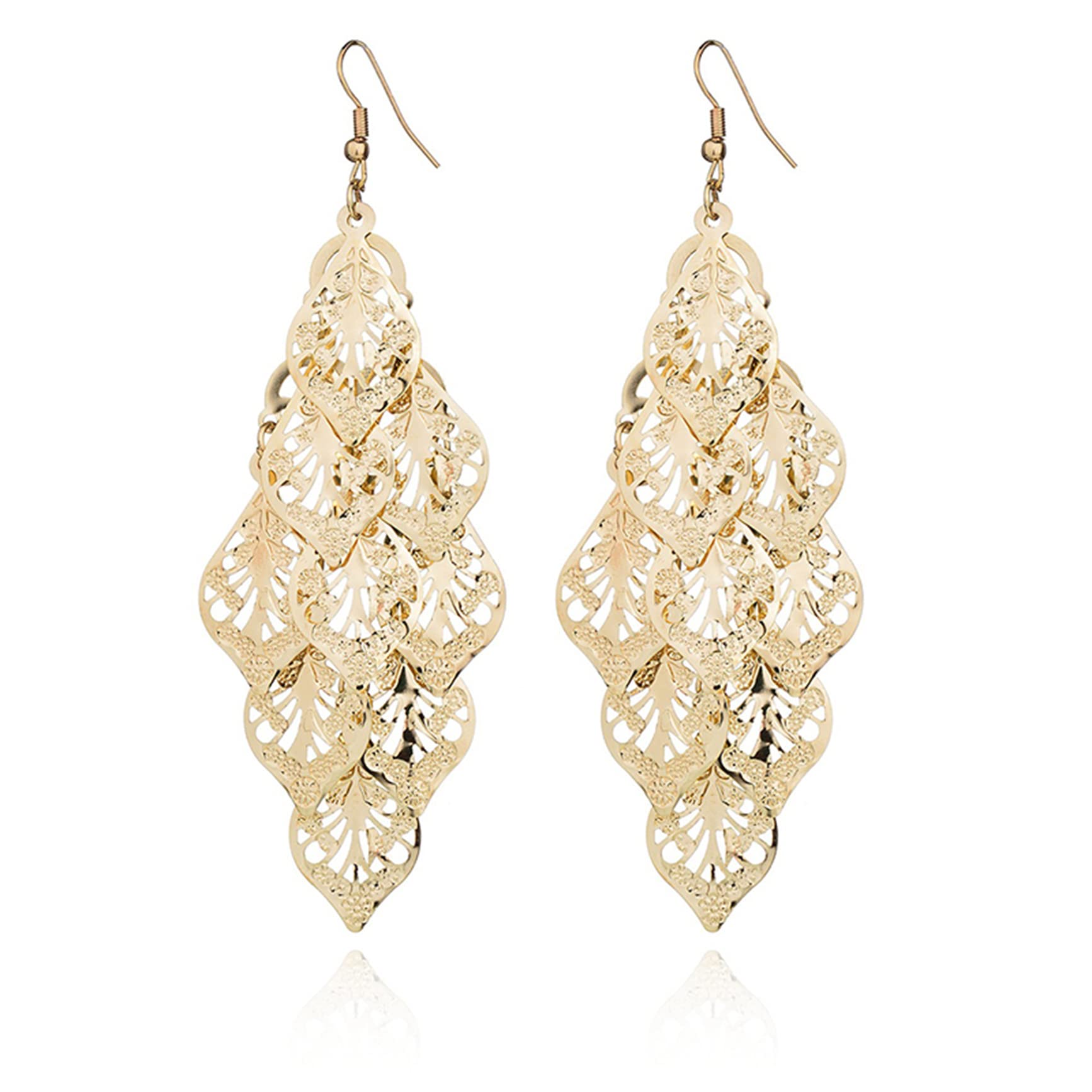 JUNWU Handmade Boho Lightweight Chandelier Drop Earrings - Long Leaf Dangle Hoop Earrings for Women, Gold | Vintage Style Jewelry for Party, Wedding & Everyday Wear