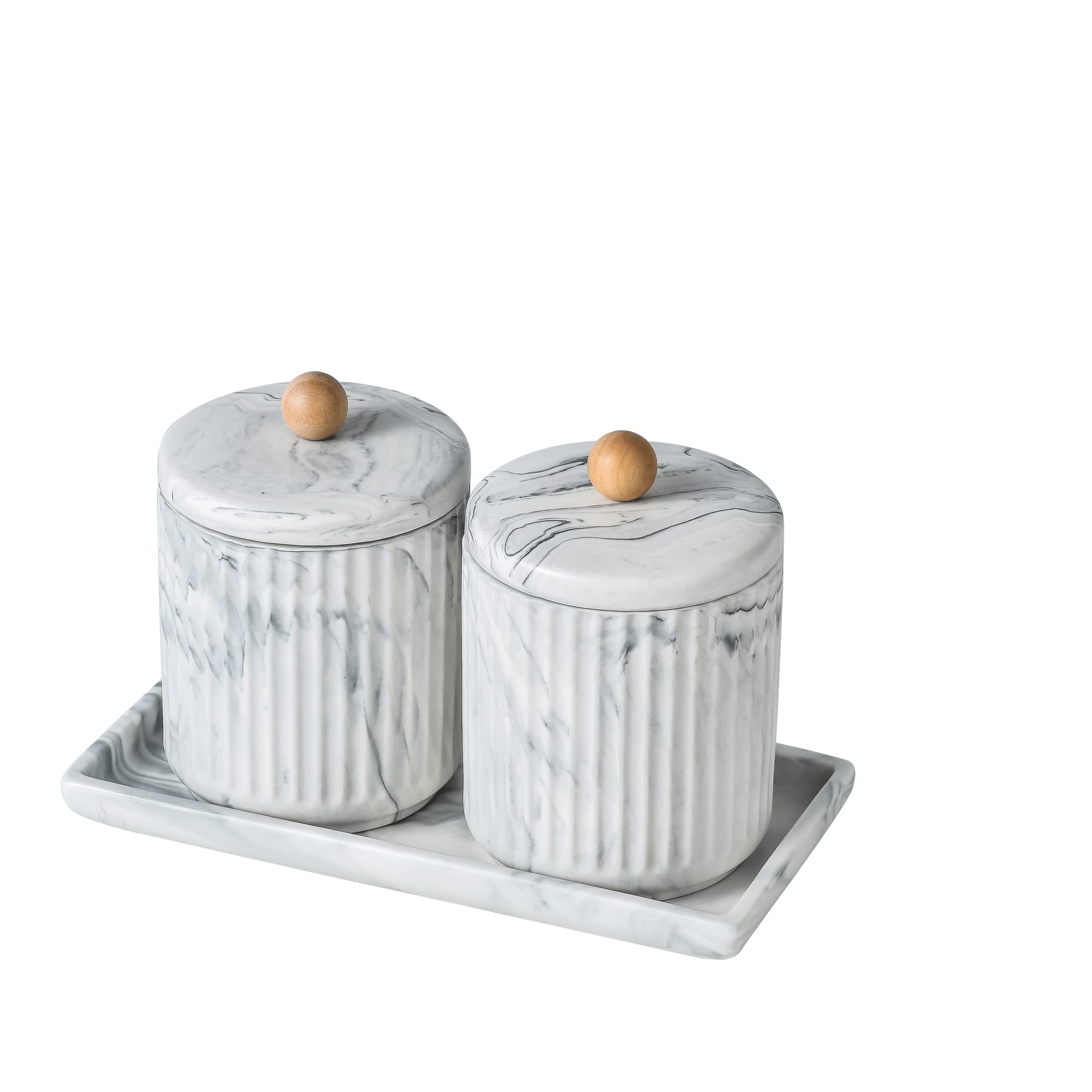 Marble Ceramic Cotton Swab Holder with Lid & Dresser Organizer Set - Small Bathroom Storage Jar for Cotton Balls, Q-Tips & Beauty Essentials | Perfect for Vanity, Bathroom Counter, Kitchen & Office Organization