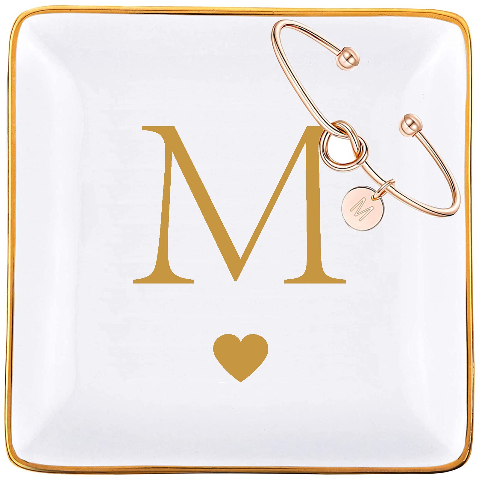 Personalized Ceramic Jewelry Tray & Rose Gold Initial Bracelet Gift Set for Women - Monogrammed Ring Dish, Key Bowl Holder with Gold Letter (Letter M) - Perfect Birthday, Bridesmaid, Mother's Day Gift for Her, Mom, Grandma, Daughter, Sister & Friends - Great for Jewelry Organization & Home Decor