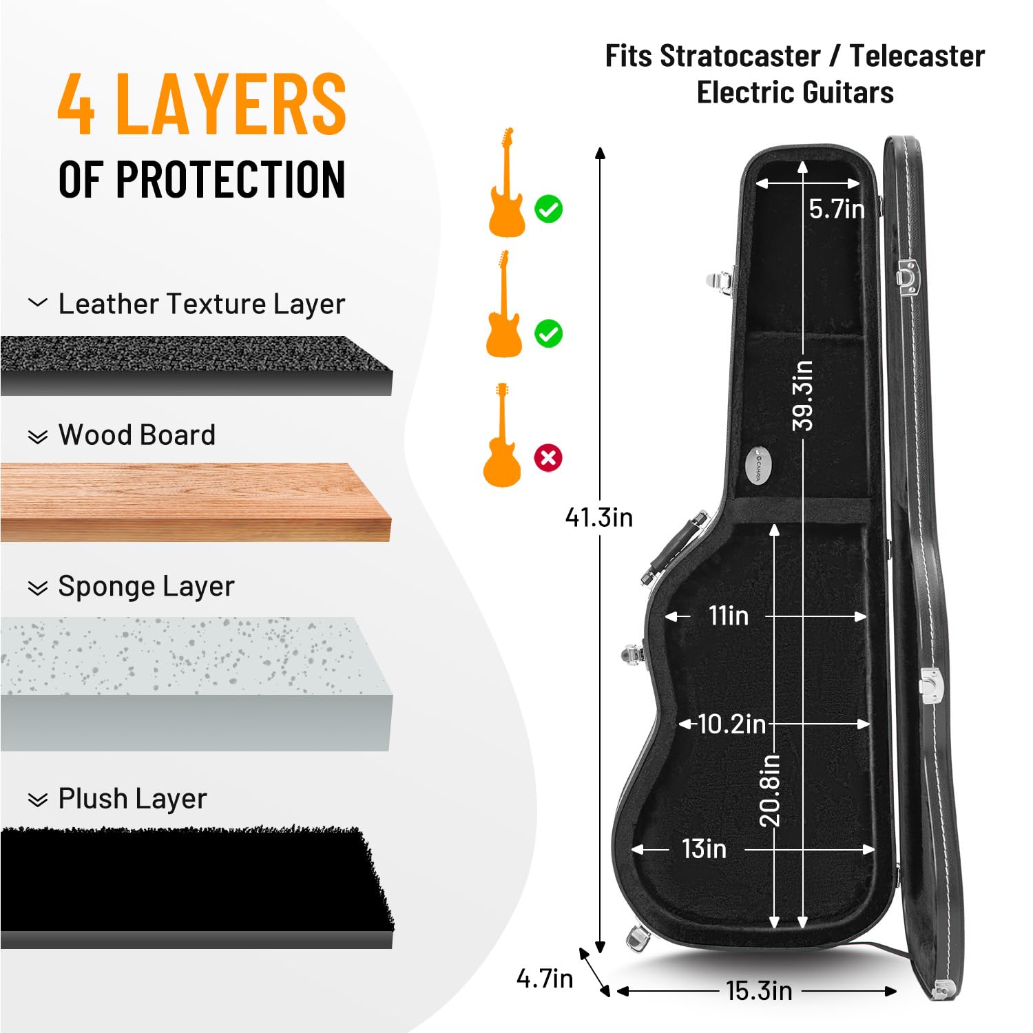 CAHAYA Electric Guitar Hardshell Case - 0.98inch Thick Padded Protection with Lock & 2 Keys - Portable ST Electric Guitar Bag (Black CY0343) for Travel, Gig & Storage