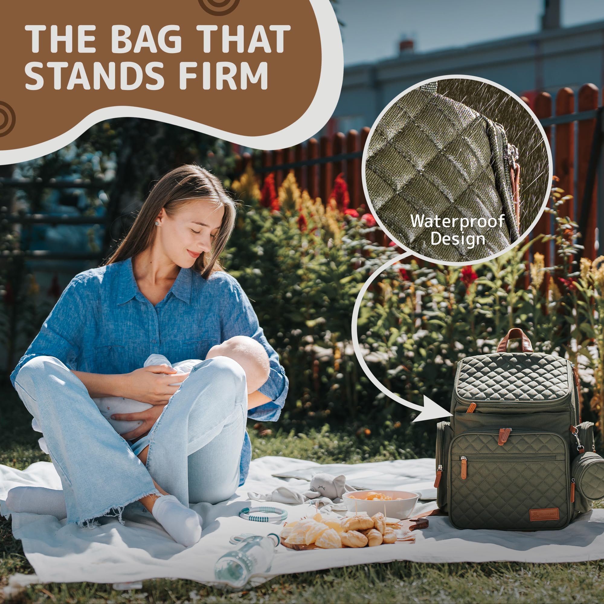 **Large Unisex Diaper Backpack with 15 Pockets – Stylish & Washable Army Green Baby Gear for Newborn Essentials, Travel & Daily Use**