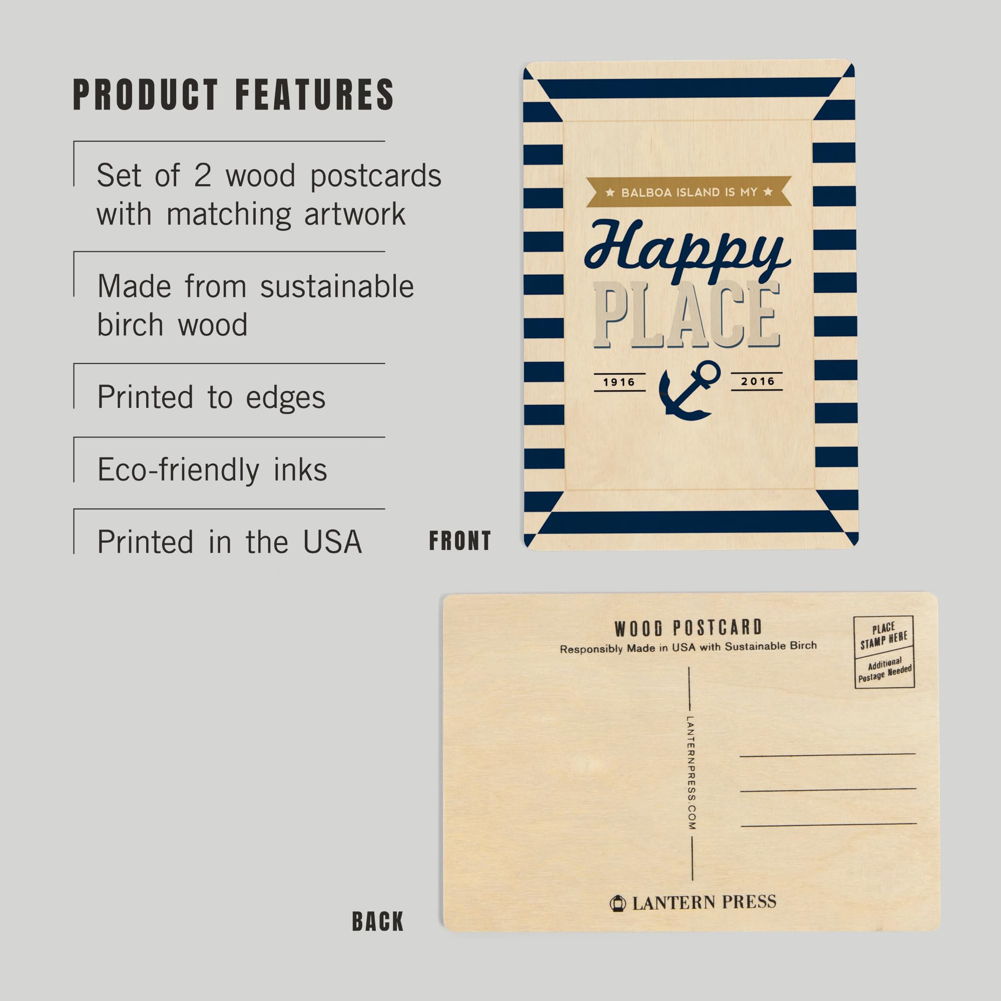 Balboa Island California Wooden Postcards - 2-Pack Birch Wood Stationery Set with Rustic Home Decor for Wall Display | Perfect for Coastal Theme Rooms, Beach House Decor & Gift Giving