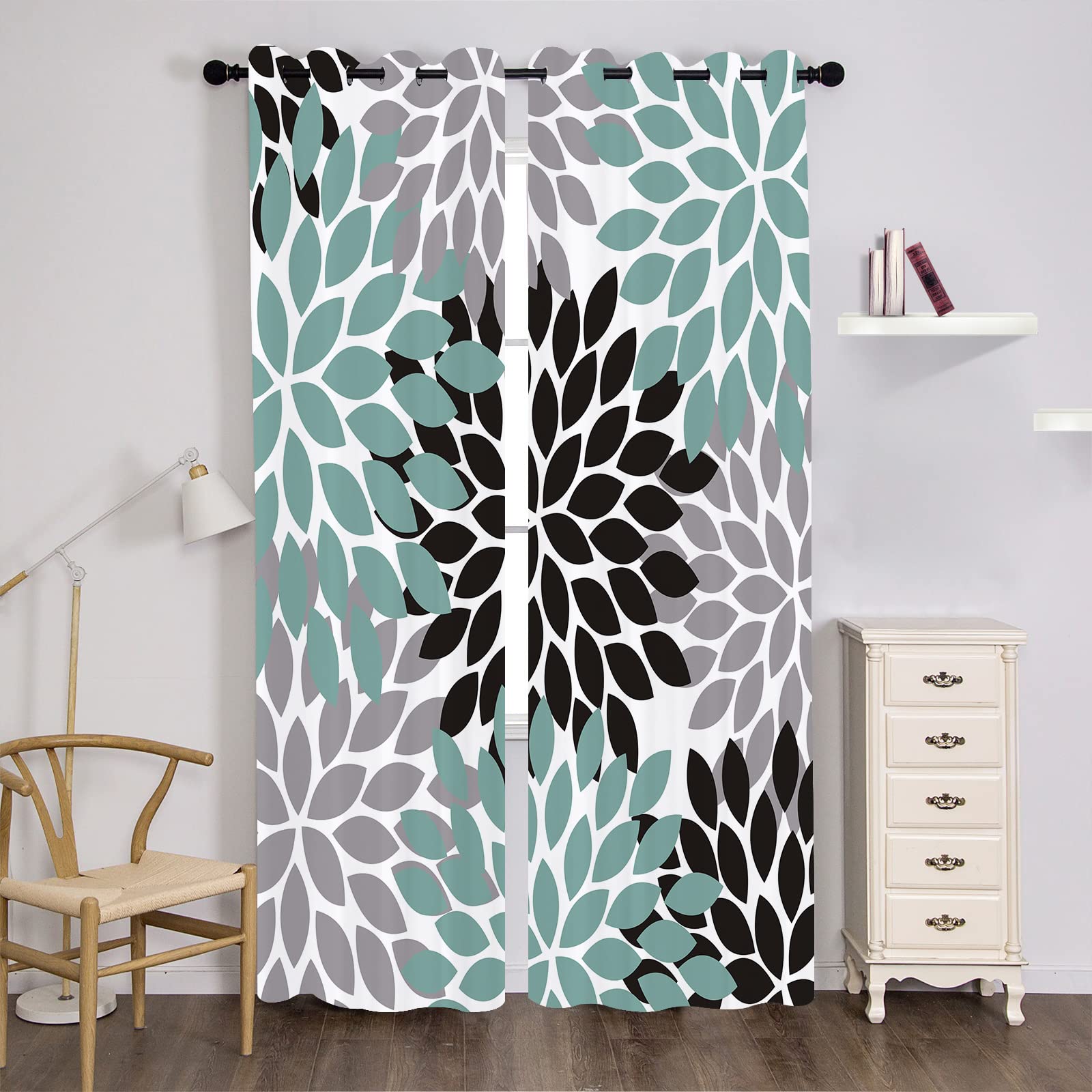 Thermal Insulated Blackout Curtains - Custom Teal, Black & Grey Dahlia Pinnata Floral Window Treatment (2 Panels) | Noise Reducing & Energy Saving Room Darkening Curtains for Living Room, Bedroom & Home Theater