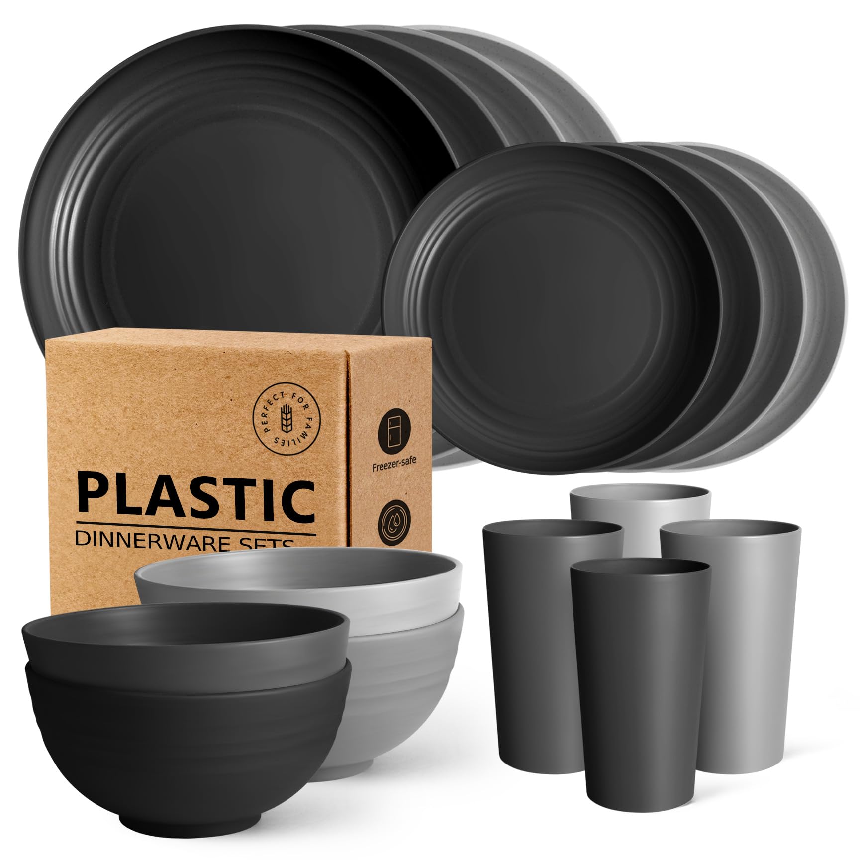 Teivio 16-Piece Unbreakable Plastic Dinnerware Set for 4 - Includes Dinner Plates, Dessert Plates, Bowls & Cups - Durable Gray Ombre Kitchenware for Indoor/Outdoor Use - Perfect for Camping, Picnics & Everyday Dining