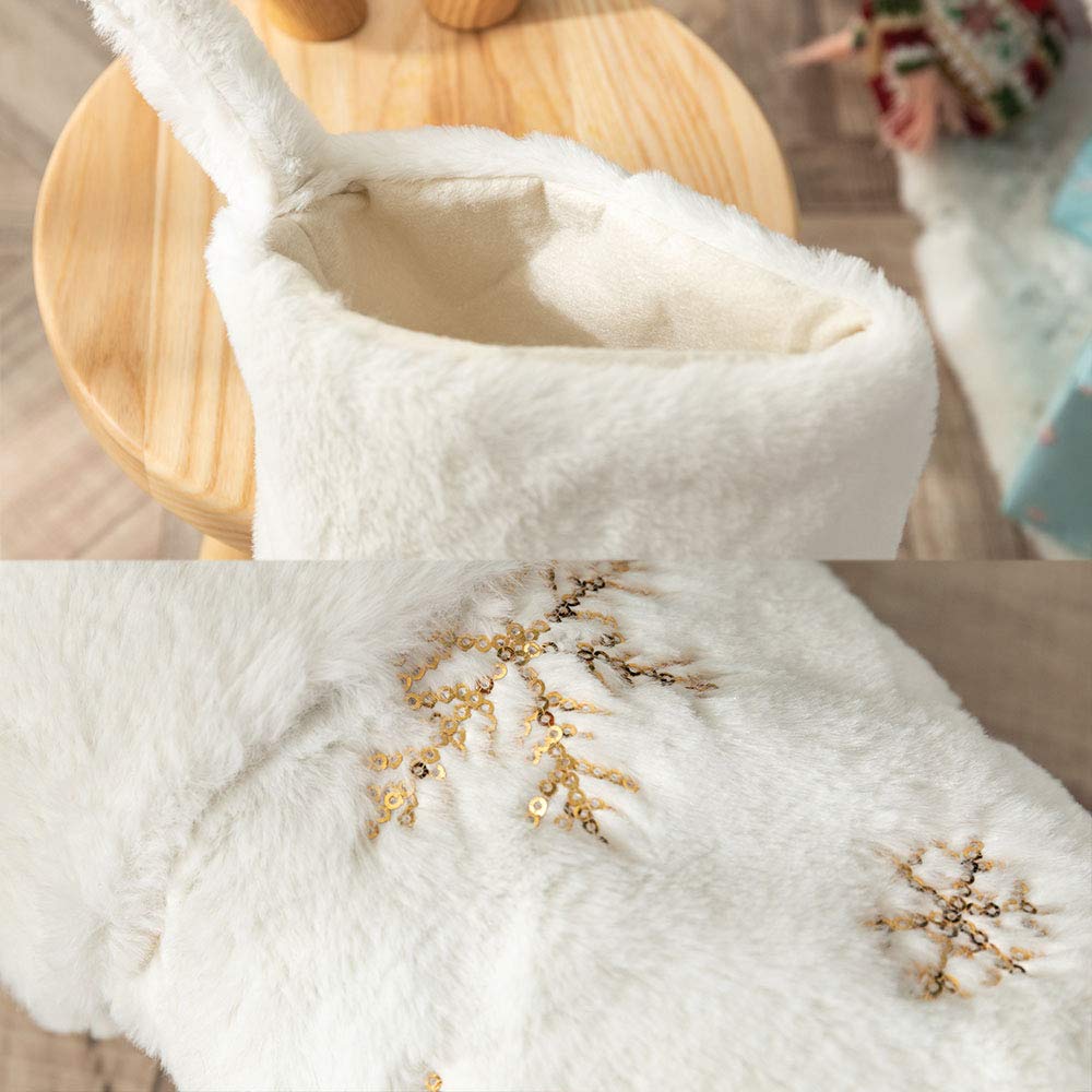 2PCS Luxury White Faux Fur Christmas Stockings - 22inch Large Hanging Xmas Socks with Gold Sequin Snowflake Design for Fireplace Mantel Decor, Holiday Gift Exchange & Cozy Winter Home Decor