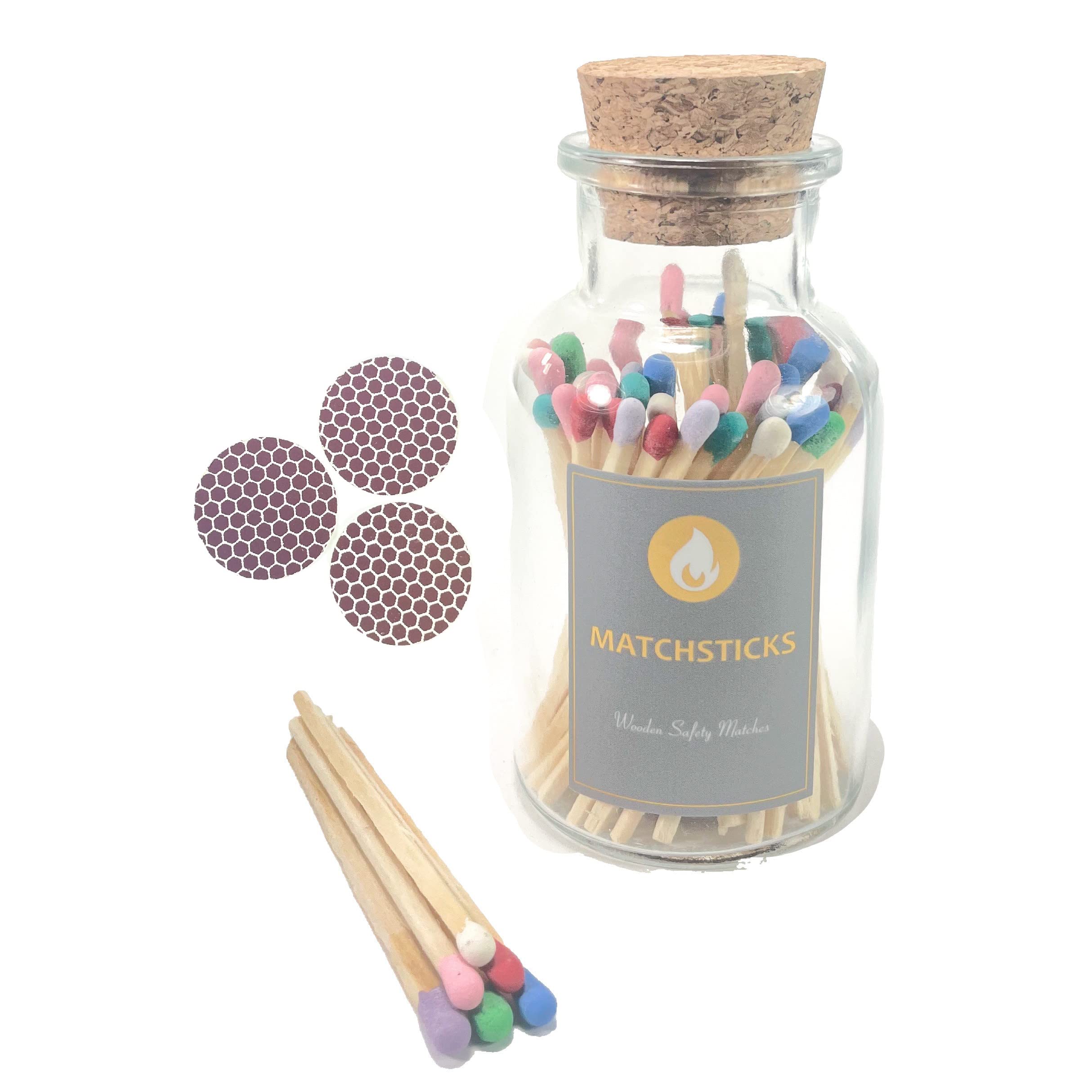 Wooden Safety Matches in Cork Top Apothecary Jar - 3 Free Replacement Strikers - Decorative Rainbow Colored Matches for Candles, Fireplaces & Camping - Vintage Style Home Decor & Gift Idea