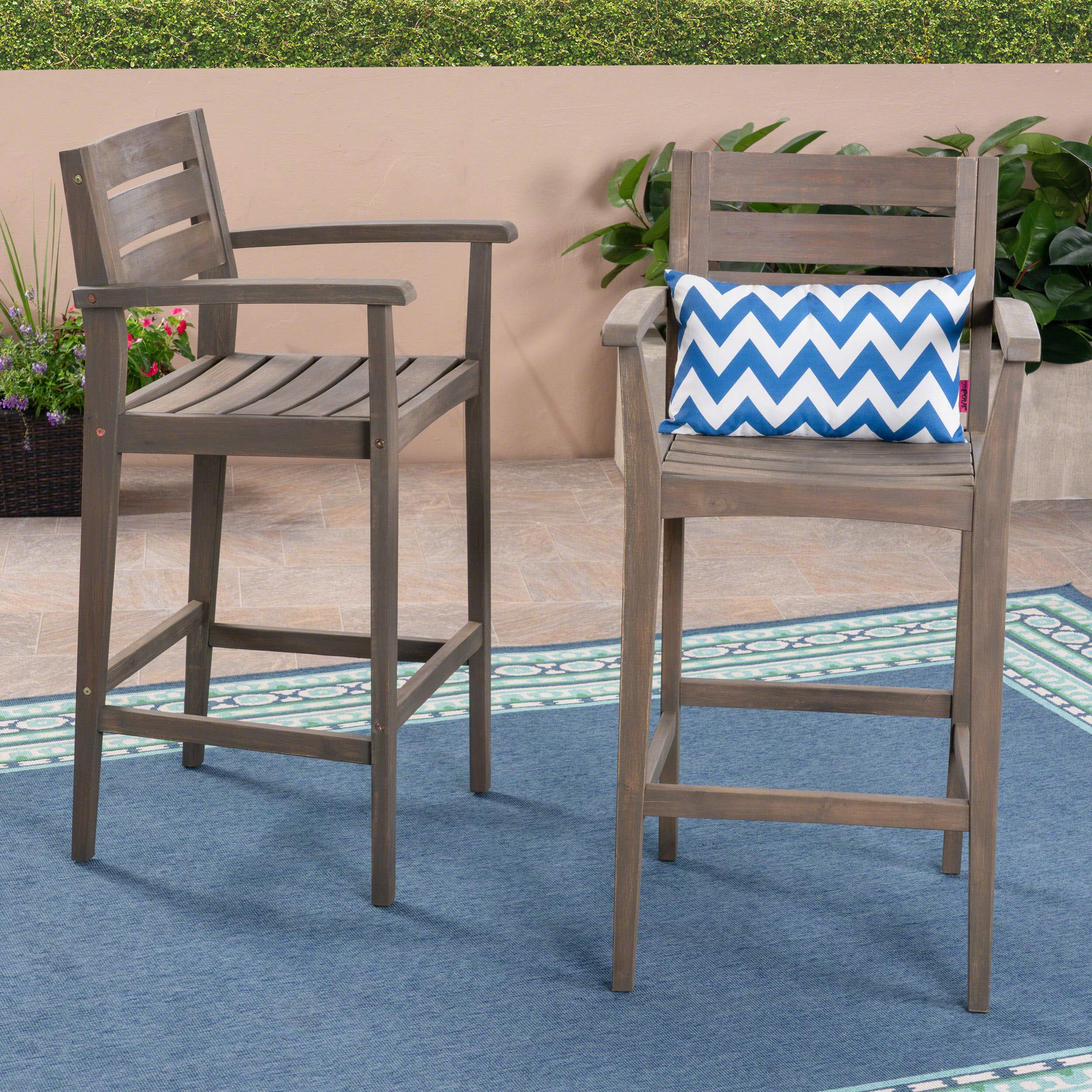 Christopher Knight Home Lera Outdoor Rustic Acacia Wood Bar Stools (Set of 2) - Gray Finish - Patio, Deck, Garden & Backyard Seating Furniture
