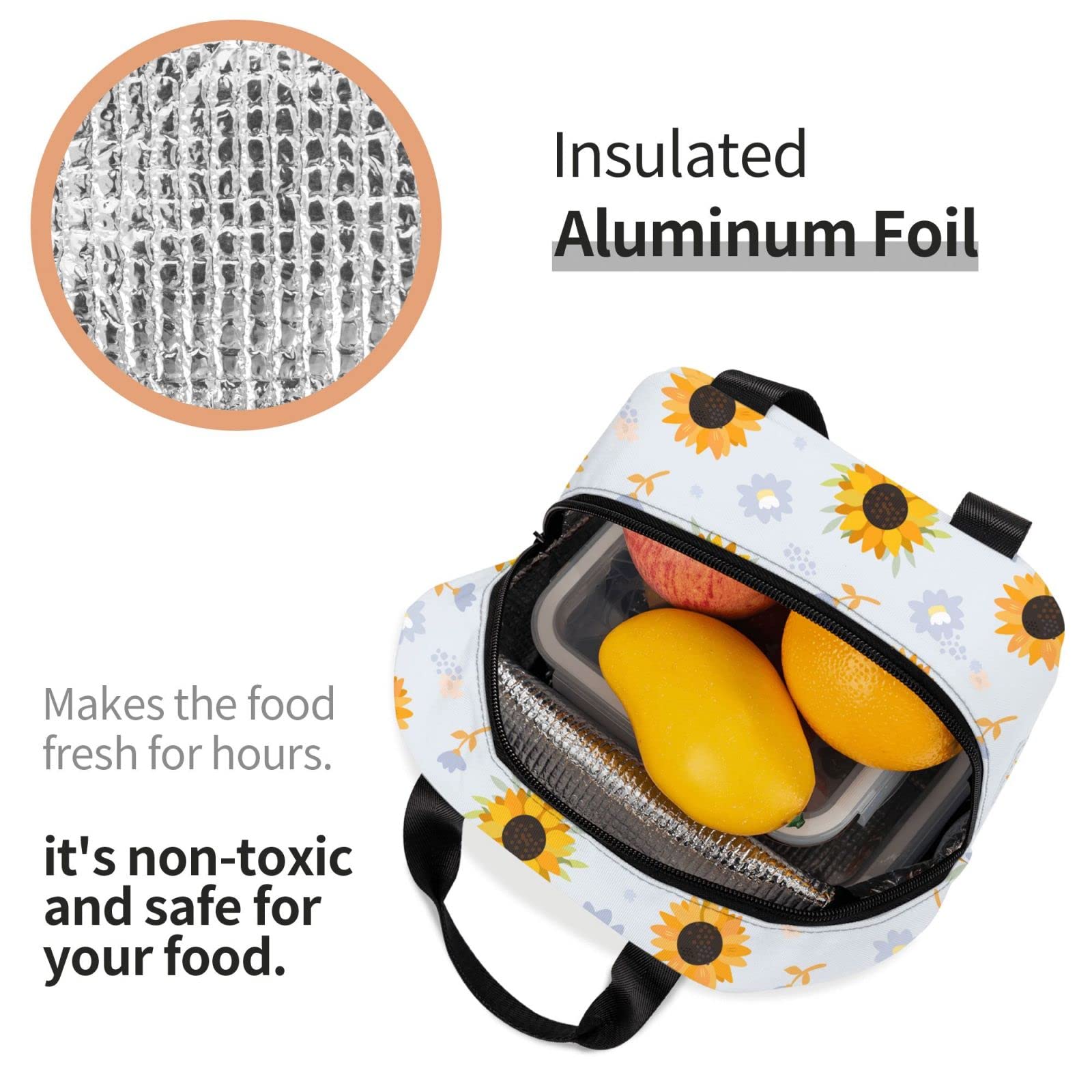 Insulated Lunch Bag with Sunflower Print - Reusable & Portable Lunch Box for Men & Women - Perfect for Work, Travel, Picnic & Outdoor Activities