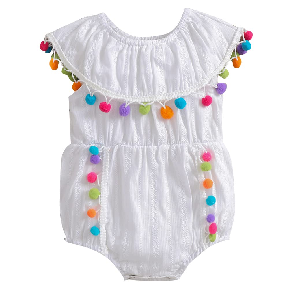 Adorable Newborn Baby Girls' Boho Romper - Pompom Tassel & Ruffle Sleeveless Jumpsuit for Summer | Perfect for Photoshoots, Beach Outings & Special Occasions