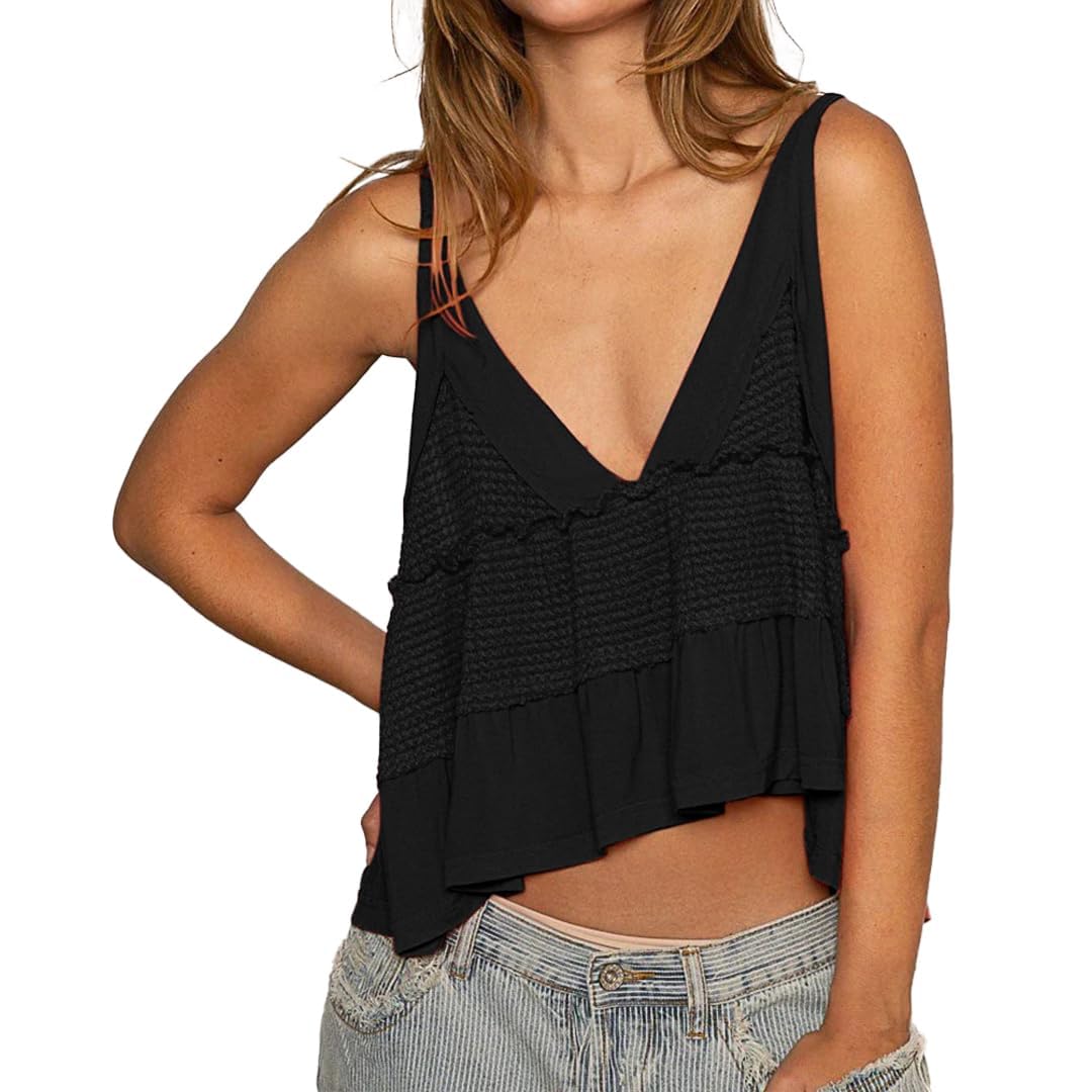 Women's Summer Peplum Top - V Neck Sleeveless Waffle Knit Camisole with Backless Design & Ruffle Hem | Flowy Babydoll Blouse for Casual Wear, Beach Outfits, and Date Nights