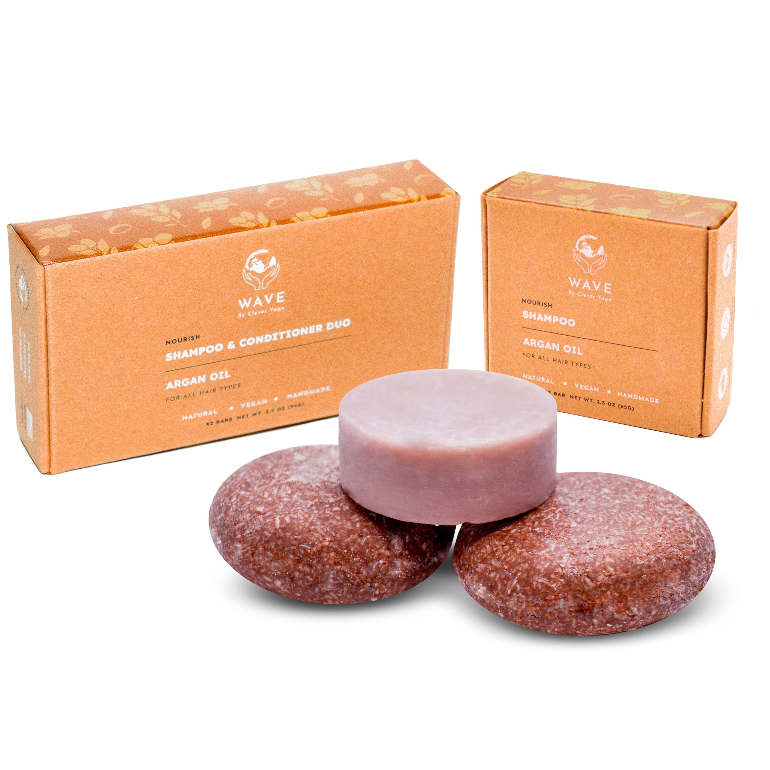 Argan Oil Shampoo & Conditioner Bar Set - 2x Shampoo Bars + 1x Conditioner Bar | 100% Vegan, Plastic-Free, Handmade in USA | For Eco-Friendly Hair Care & Travel