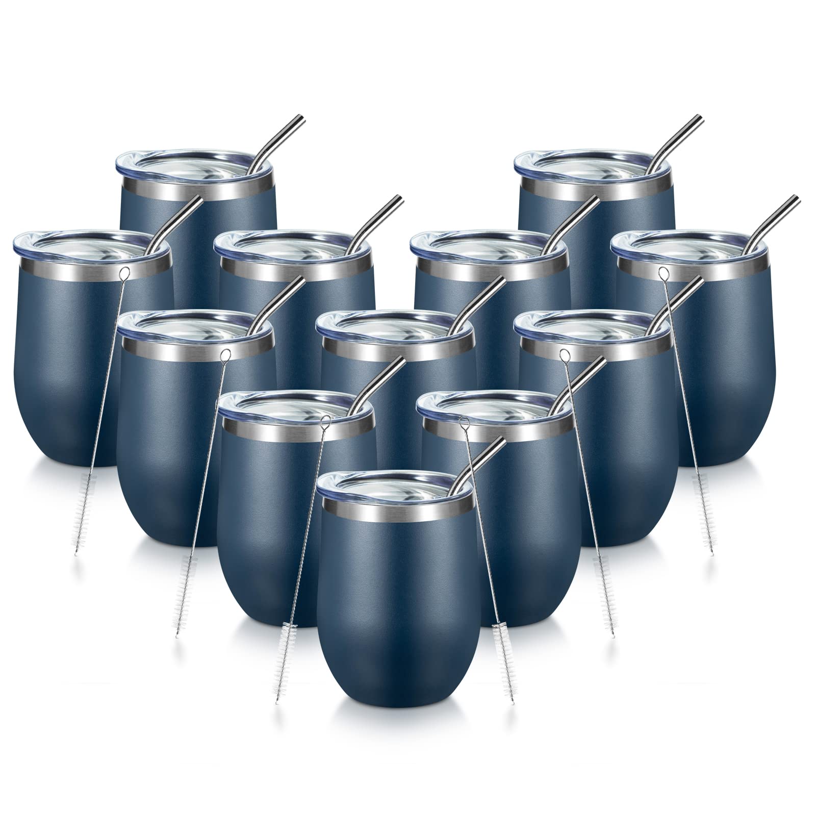 12 Pack Stainless Steel Wine Tumblers with Lid & Straw - 12oz Double Wall Vacuum Insulated Stemless Wine Cups for Hot/Cold Drinks - Perfect for Coffee, Wine, Cocktails, Picnics & Outdoor Parties (Navy Blue)