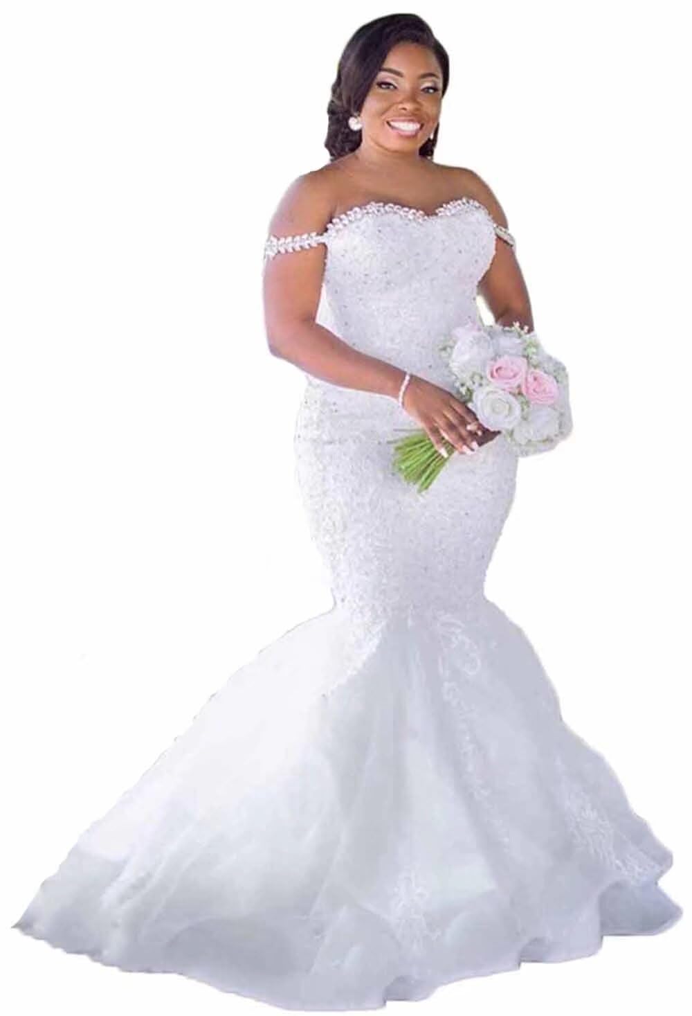 Elegant Off-The-Shoulder Mermaid Wedding Dress with Beaded Crystal Lace Appliques - Perfect for Beach, Church, and Formal Wedding Ceremonies