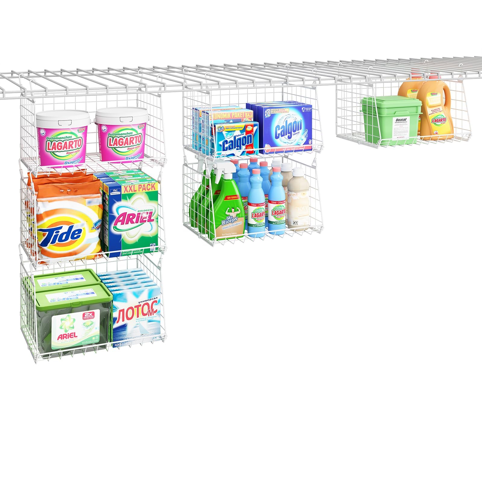 3-Tier Foldable Hanging Laundry Basket Organizer - Space Saving 360° Rotating Hooks for Washer & Dryer - White Wire Shelf Storage Solution for Clothes, Towels & Bedding - Perfect for Small Laundry Rooms & Apartments